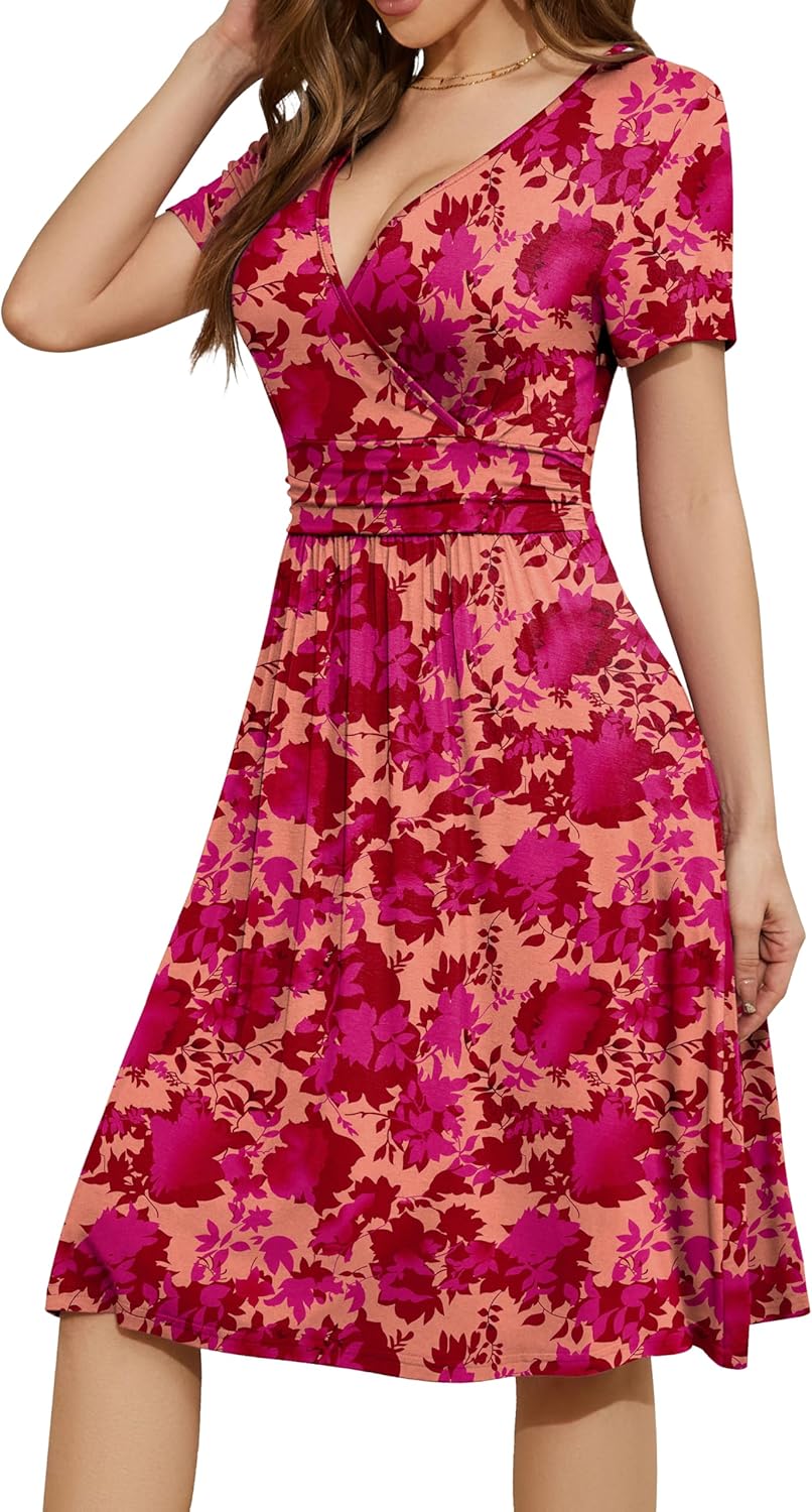 WEACZZY Women's Summer Short Sleeve Casual Dresses V-Neck Floral Party Dress with Pockets