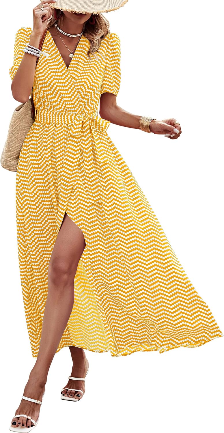 PRETTYGARDEN Women's Summer Wrap Maxi Dress Casual Short Sleeve Floral Boho V Neck Split Ruffle Beach Long Dresses
