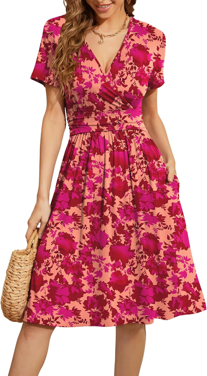 WEACZZY Women's Summer Short Sleeve Casual Dresses V-Neck Floral Party Dress with Pockets