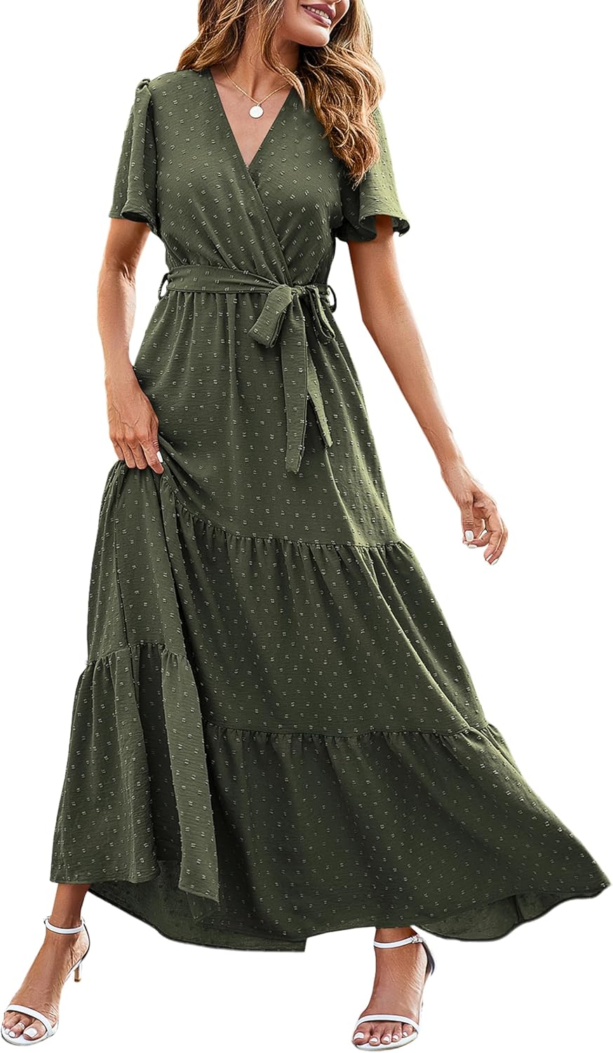 MASCOMODA Womens Boho Swiss Dot Maxi Dresses Wrap V Neck Flutter Short Sleeve Solid Tie Belt A Line Tiered Flowy Long Dress