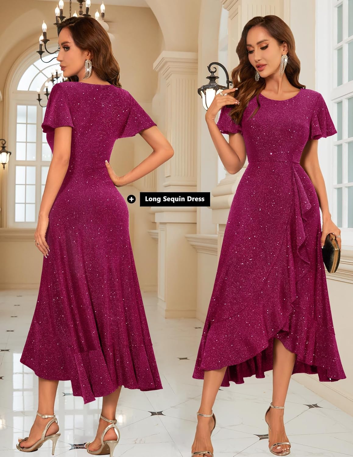 BeryLove Women Sequin Formal Party Dress Flutter Short Sleeve Wedding Cocktail Long Evening Dress