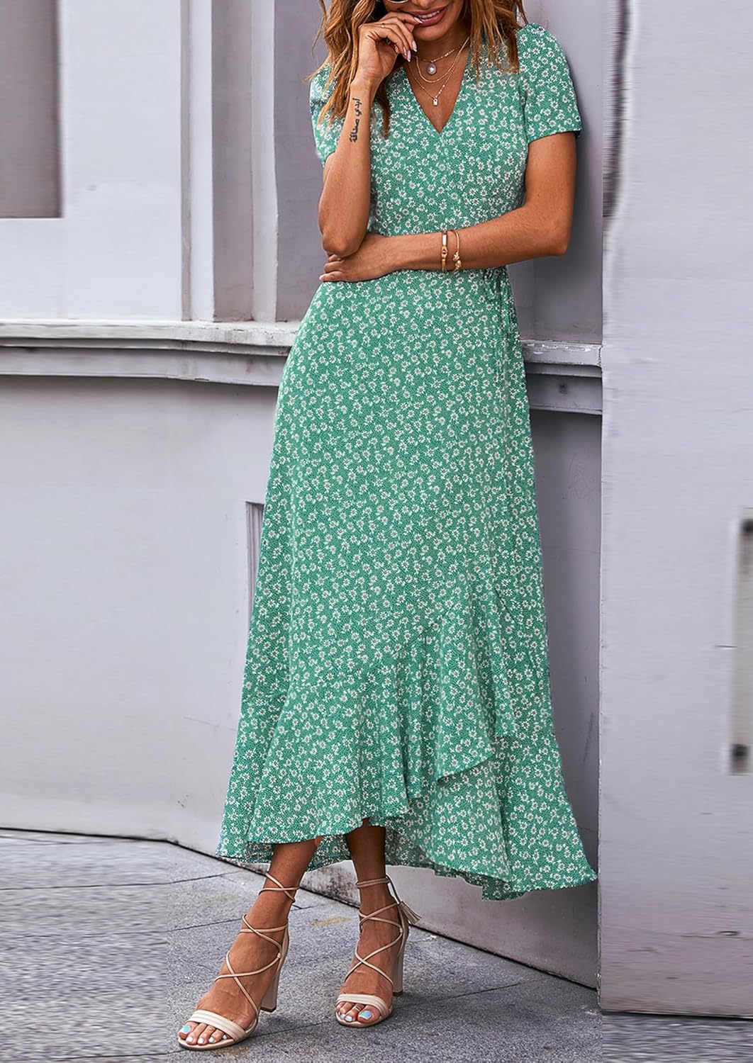 PRETTYGARDEN Women's Summer Wrap Maxi Dress Casual Short Sleeve Floral Boho V Neck Split Ruffle Beach Long Dresses