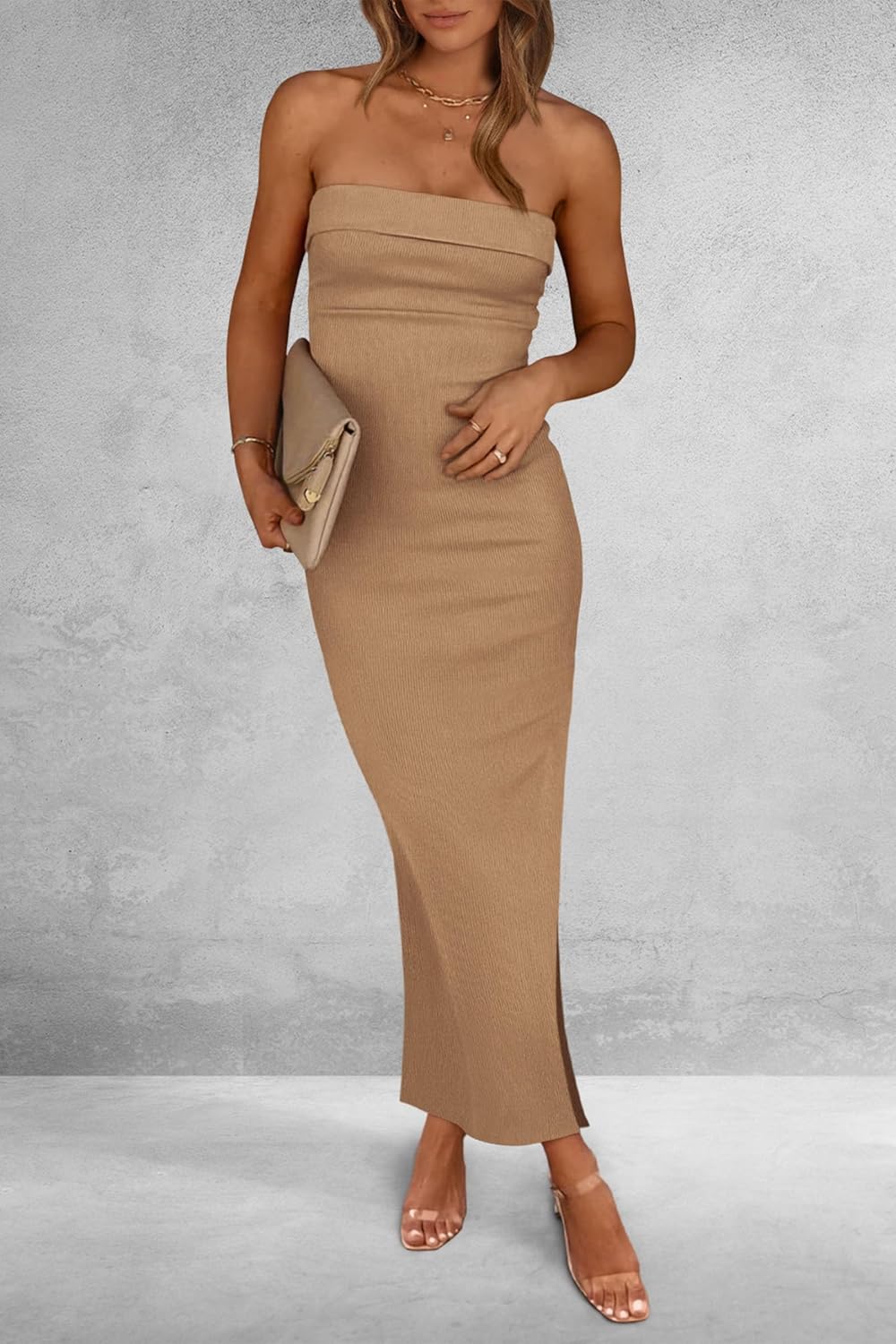 PRETTYGARDEN Women's Summer Bodycon Maxi Tube Dress Ribbed Strapless Side Slit Long Going Out Casual Elegant Party Dresses