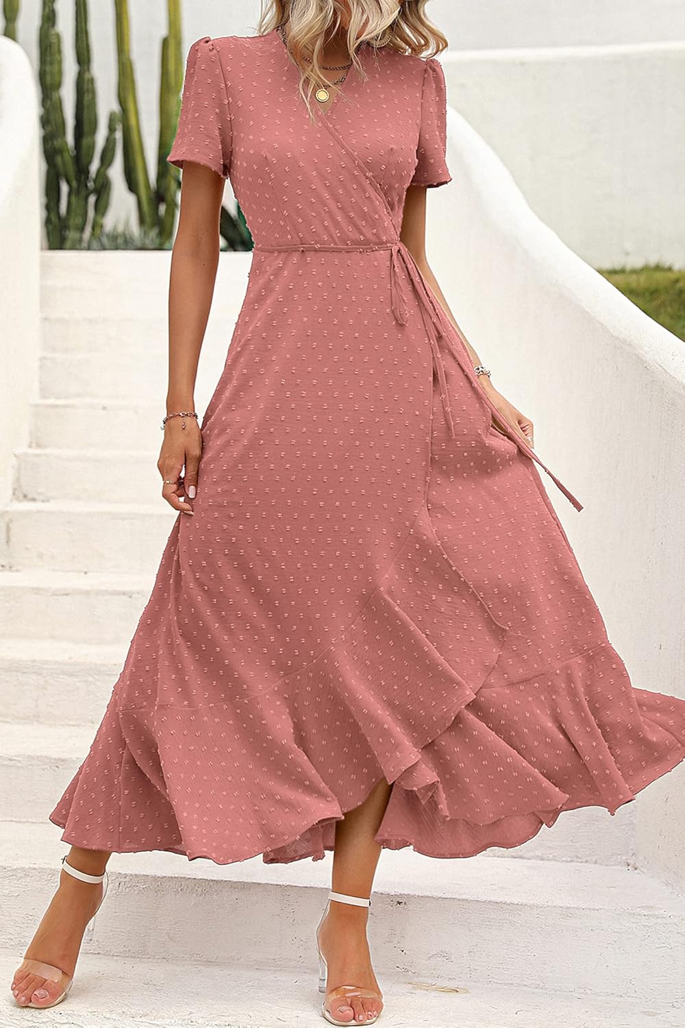 PRETTYGARDEN Women's Summer Wrap Maxi Dress Casual Short Sleeve Floral Boho V Neck Split Ruffle Beach Long Dresses
