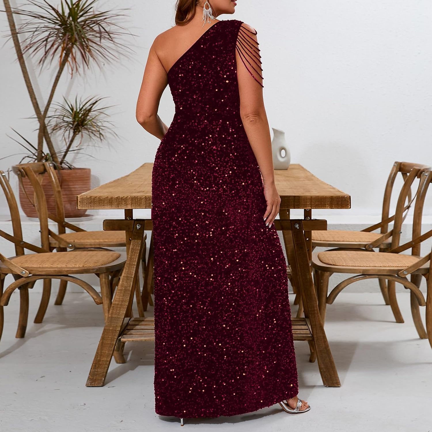 Cololura Women Sequin Elegant Sexy One Shoulder Tassel Mermaid Bodycon Cocktail Evening Dress