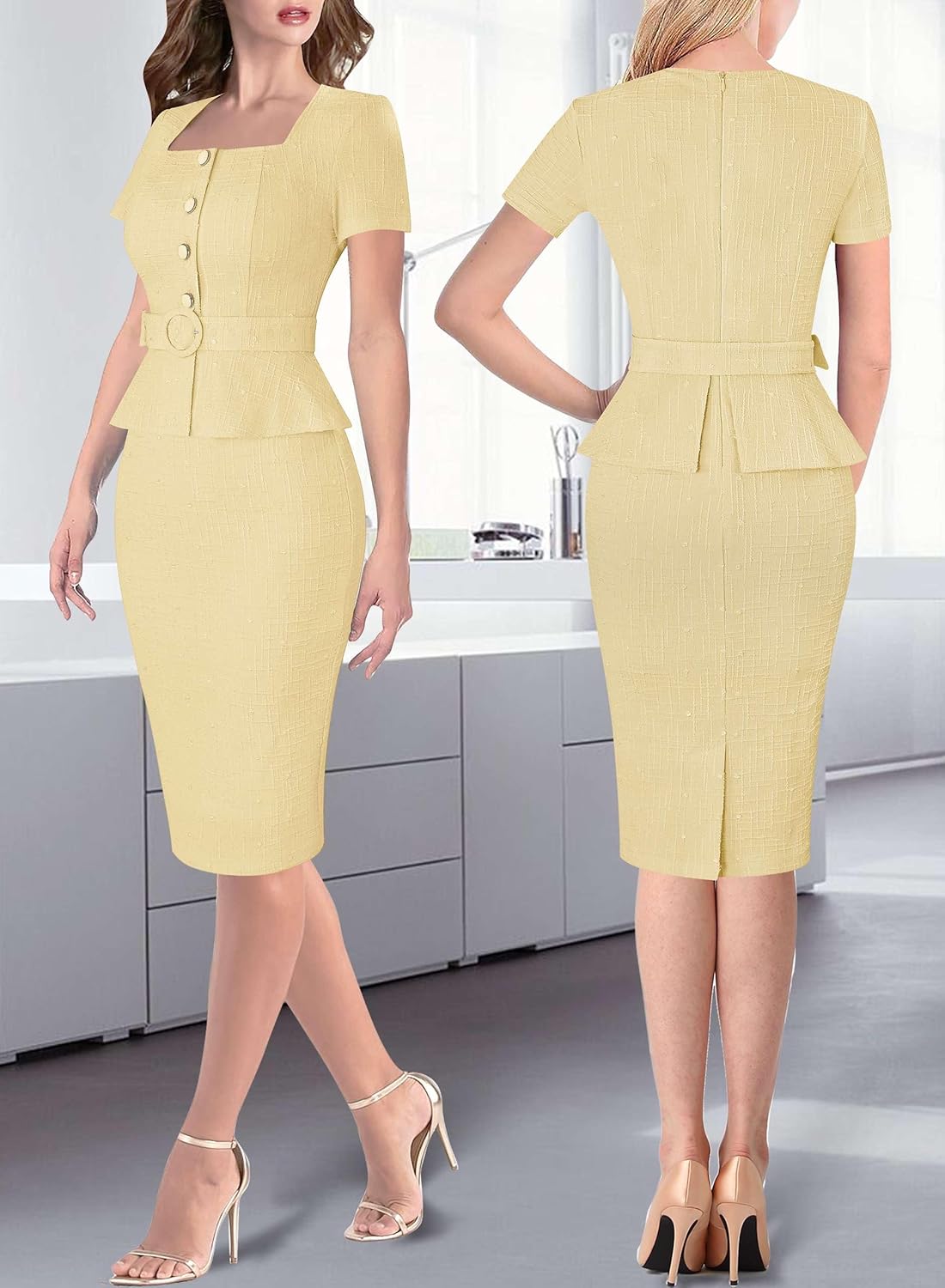 VFSHOW Womens 2024 Business Work Office Square Neck Belted Peplum Buttons Slim Bodycon Sheath Dress