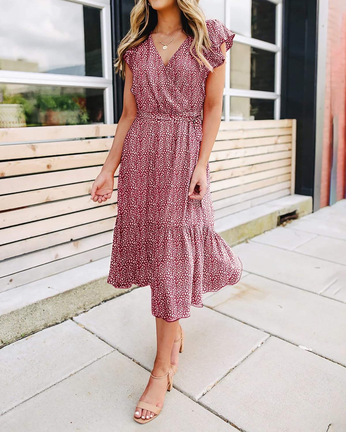 BTFBM Women Summer Bohemian Floral Casual Wrap V Neck Ruffle Cap Sleeveless Belt A-Line Pleated Hem Midi Sun Dress White