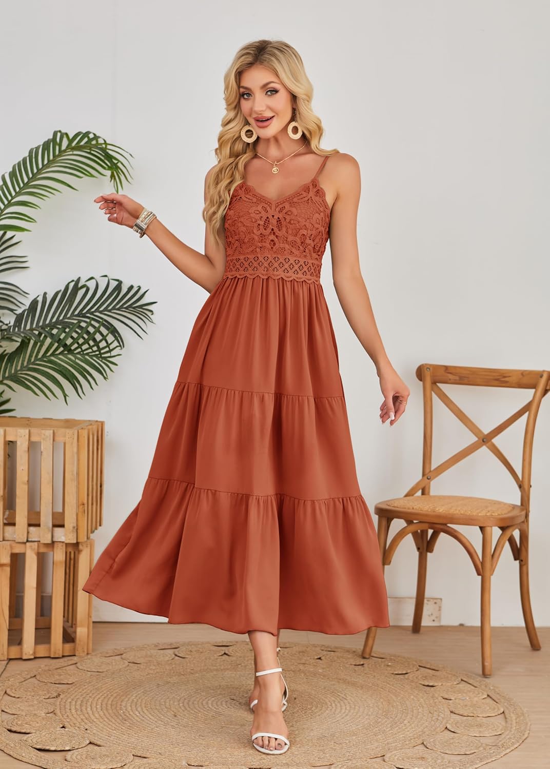 Dokuritu Women's Beach Crochet Lace Maxi Dress Solid Color Summer Vacation Spaghetti Strap Long Dress 2024