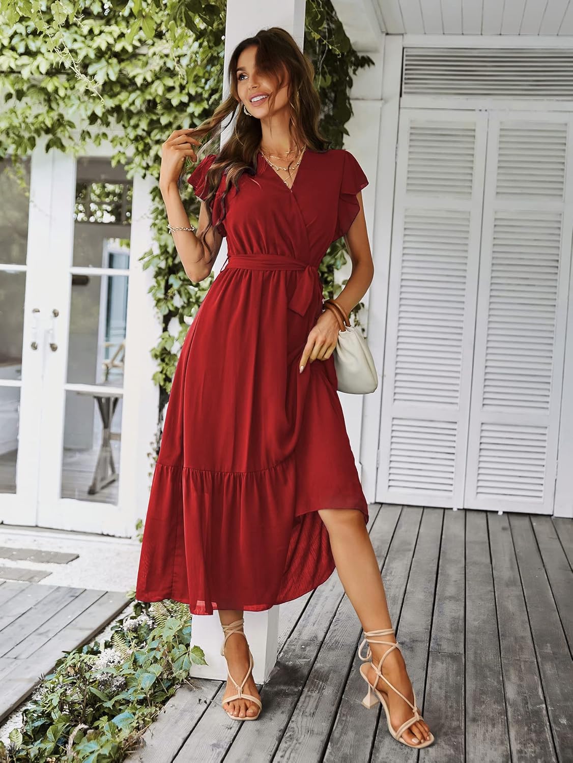PRETTYGARDEN Women's Summer Floral Boho Dress Wrap V Neck Short Sleeve Ruffle A-Line Flowy Maxi Wedding Guest Dresses