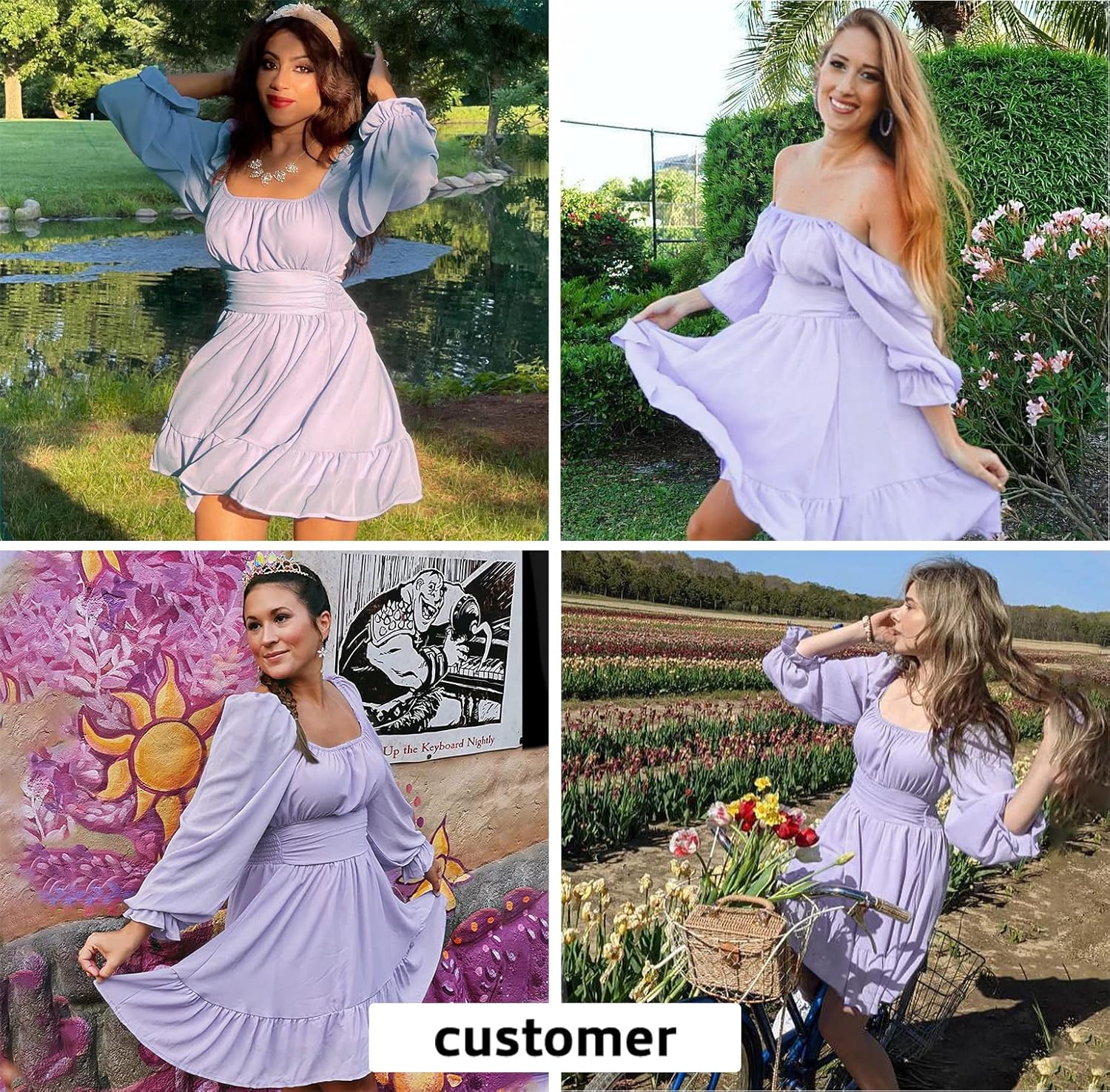 EXLURA Women's 2025 Casual Long Lantern Sleeve Dresses Square Neck Ruffle Tie Back Elastic Waist Aline Short Mini Dress