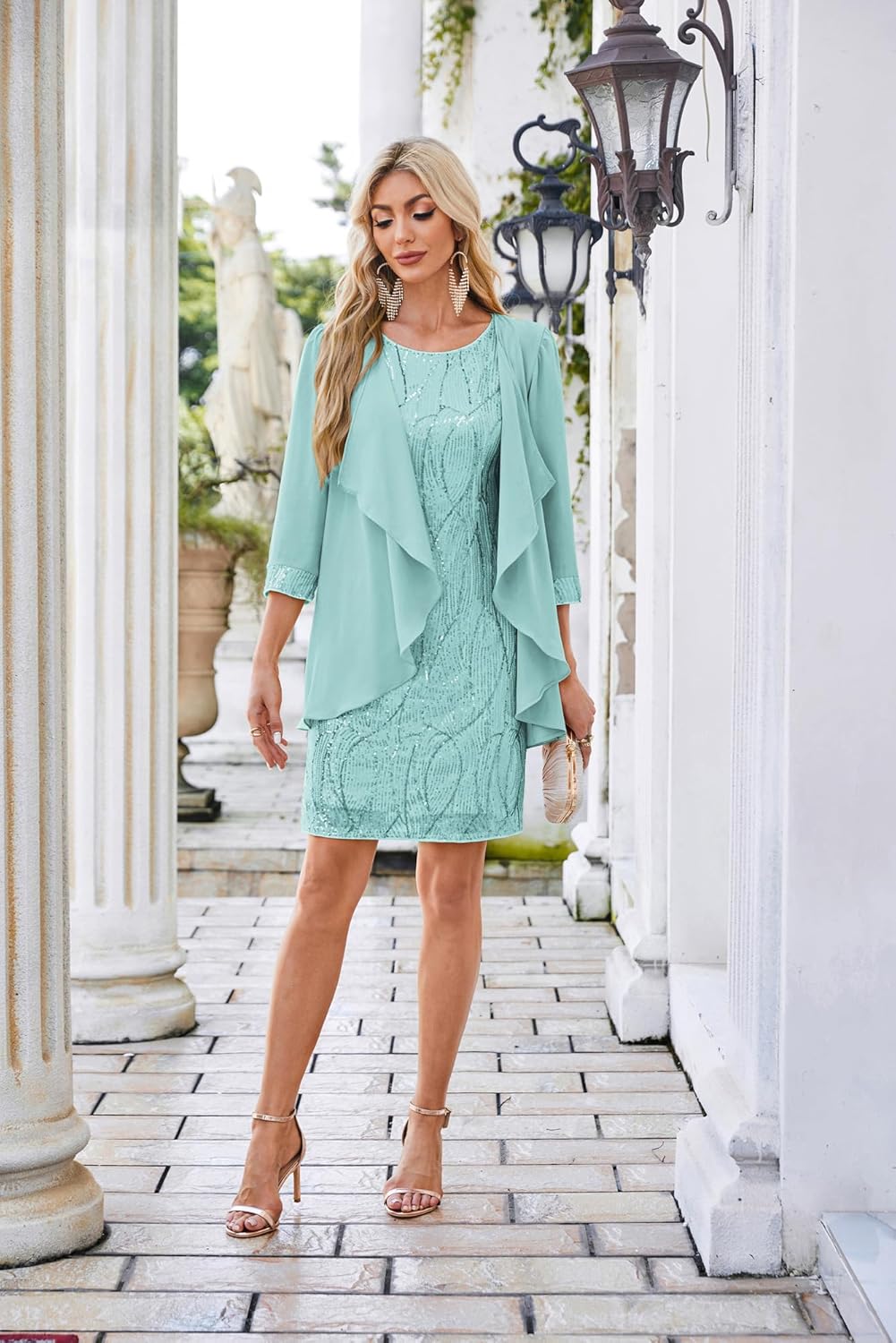 GRACE KARIN Sequin Dress for Women Knee Length Mother of the Bride Dresses Formal Dress Two Piece Dress with Chiffon Jacket