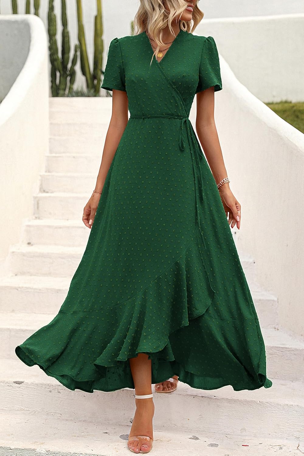 PRETTYGARDEN Women's Summer Wrap Maxi Dress Casual Short Sleeve Floral Boho V Neck Split Ruffle Beach Long Dresses