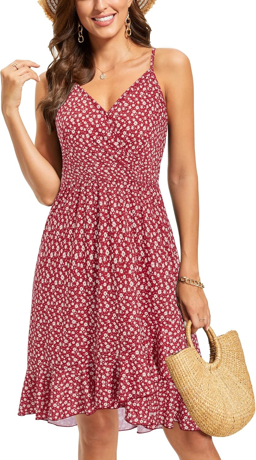 ULTRANICE Womens Summer Dresses Floral V Neck Ruffled Hem Spaghetti Spring Casual Beach Outfits Flowy Wrap Sun Dress