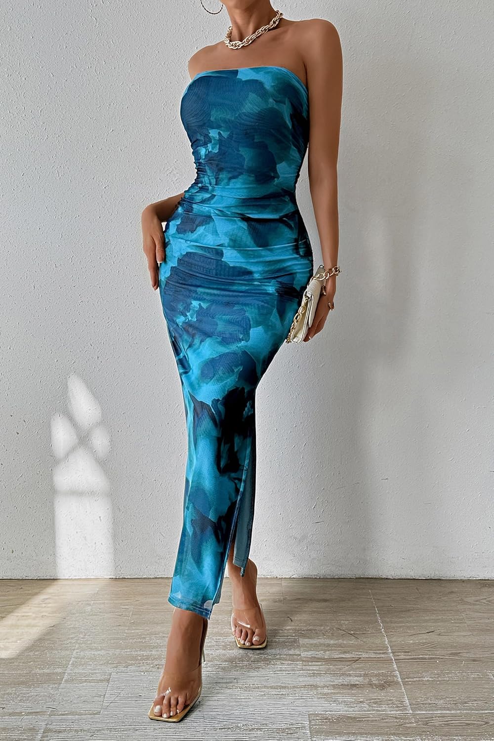 PRETTYGARDEN Women's Summer Maxi Bodycon Dresses Strapless Tube Top Printed Long Party Club Slit Dress