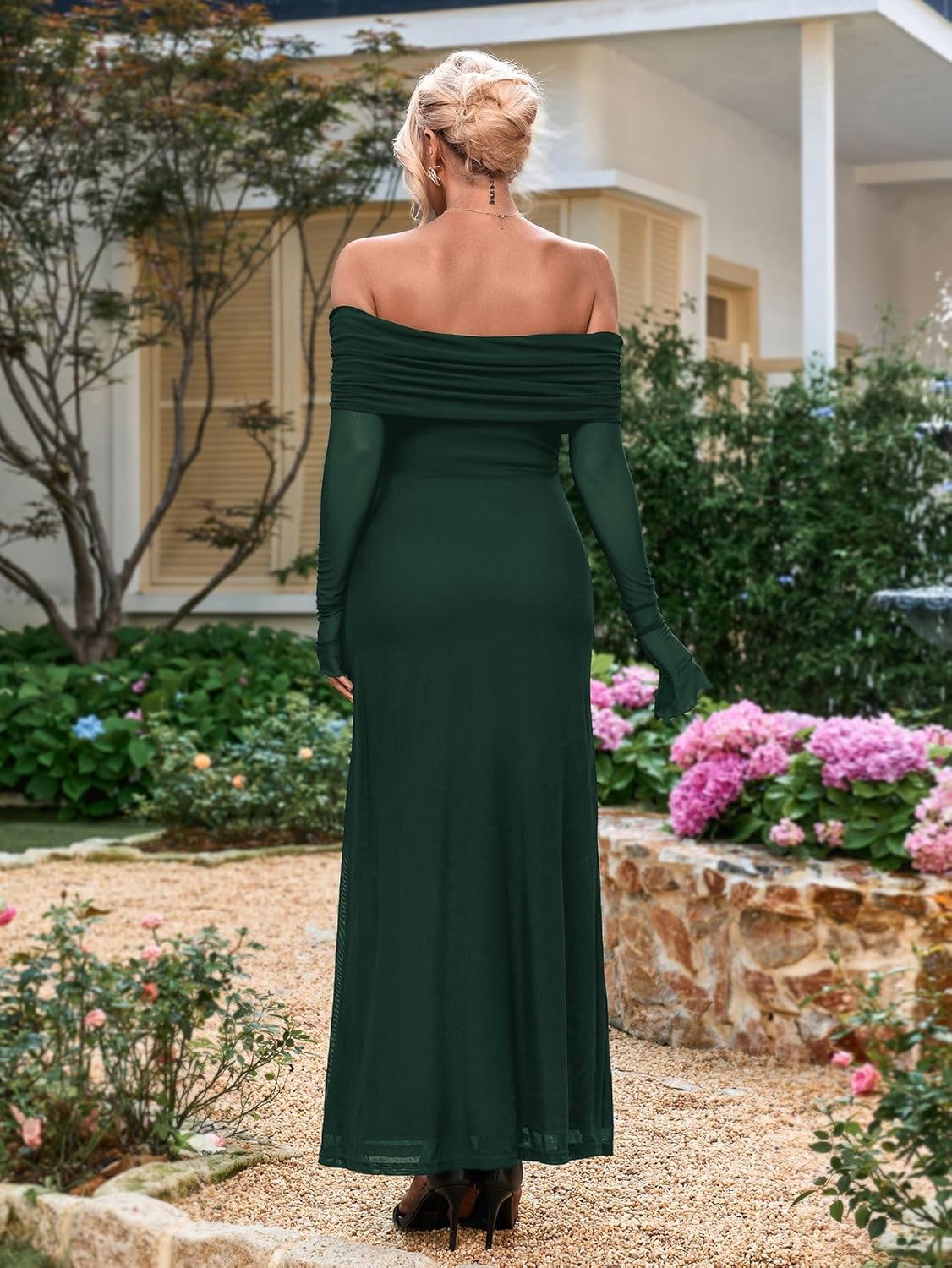 KUTUMAI Women Off Shoulder Bodycon Maxi Dress Long Sleeve Mesh Ruched Party Formal Wedding Guest Dresses