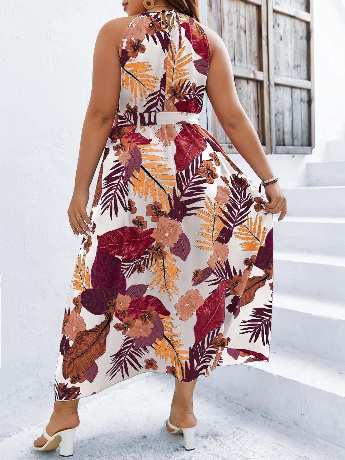 Floerns Women's Plus Size Boho Sleeveless Halter Neck Tie Back A Line Long Dress
