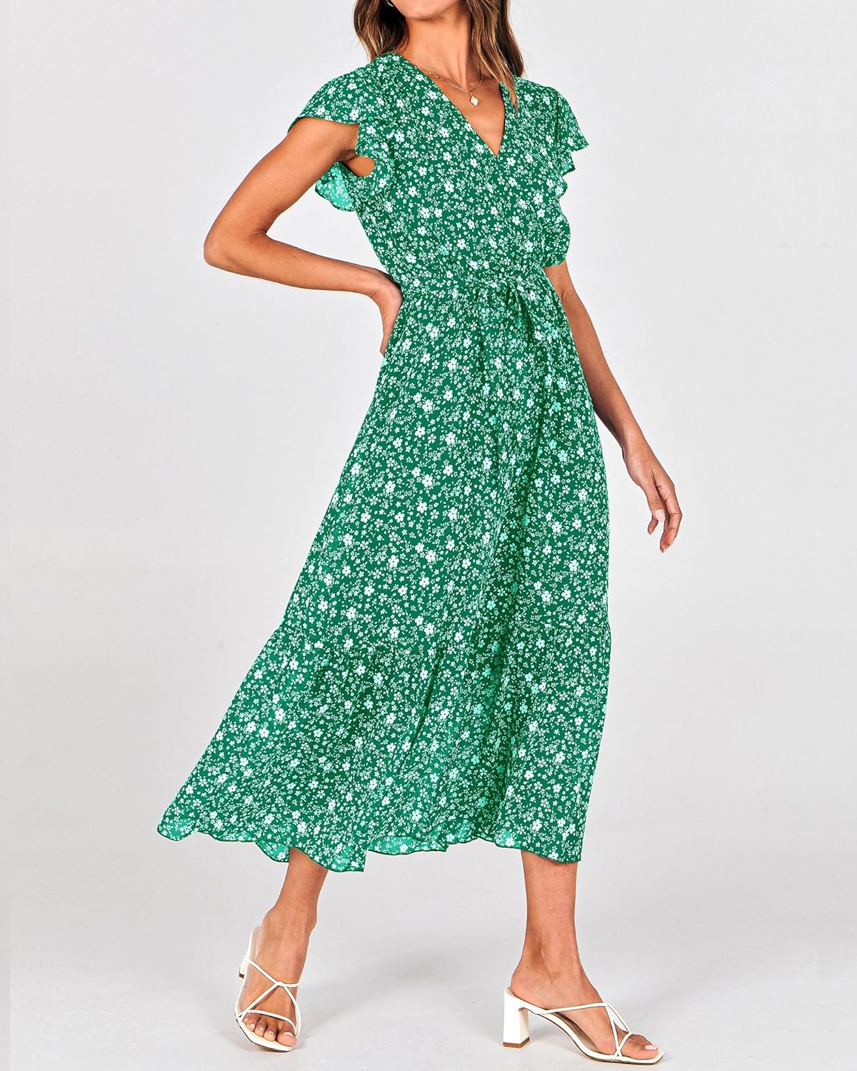 BTFBM Women Summer Bohemian Floral Casual Wrap V Neck Ruffle Cap Sleeveless Belt A-Line Pleated Hem Midi Sun Dress White