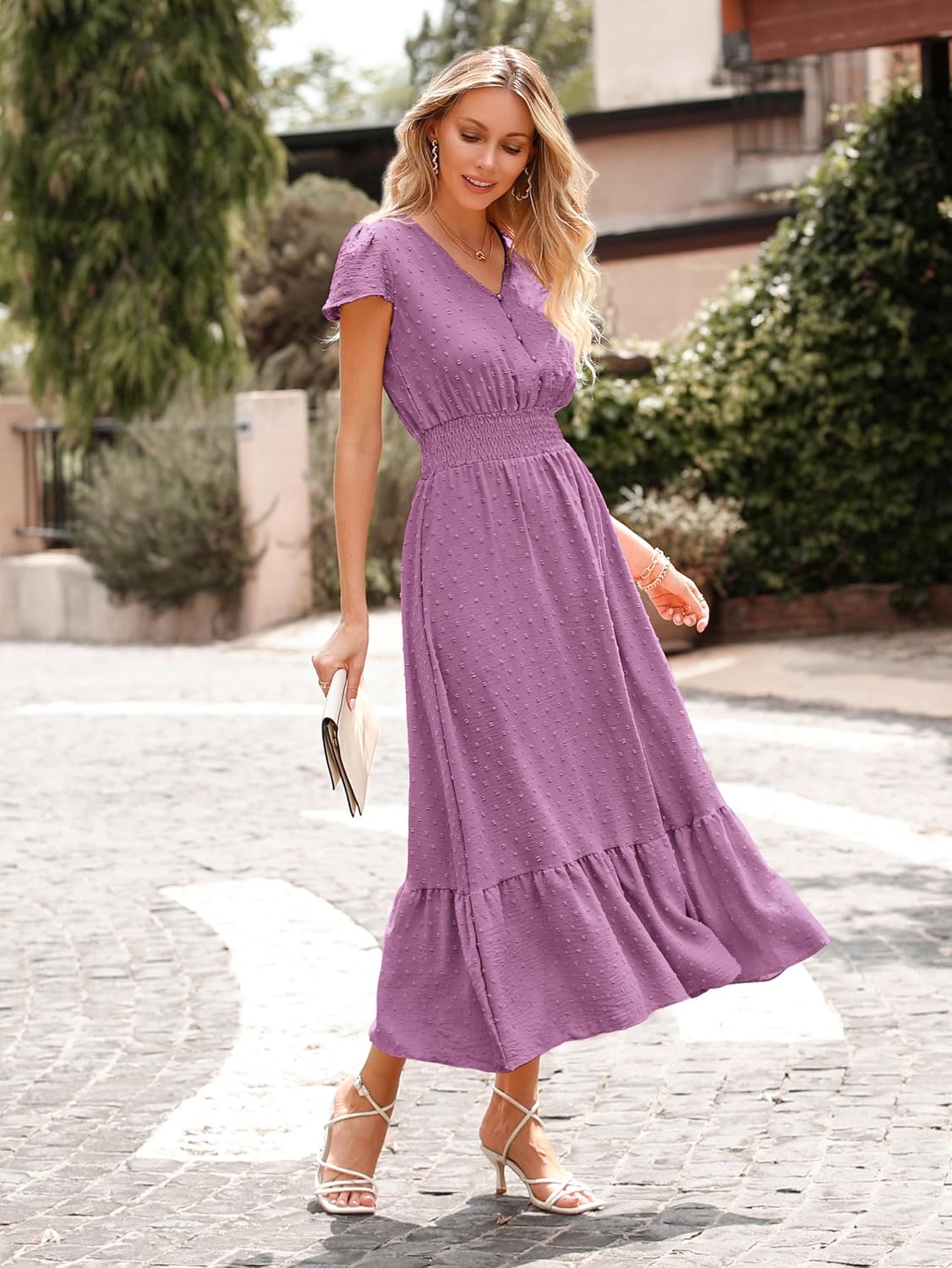 PRETTYGARDEN Womens Dresses 2025 Summer Maxi Dress Boho Short Sleeve V Neck Swiss Dot Ruffle Tiered Smocked Flowy Long Dress