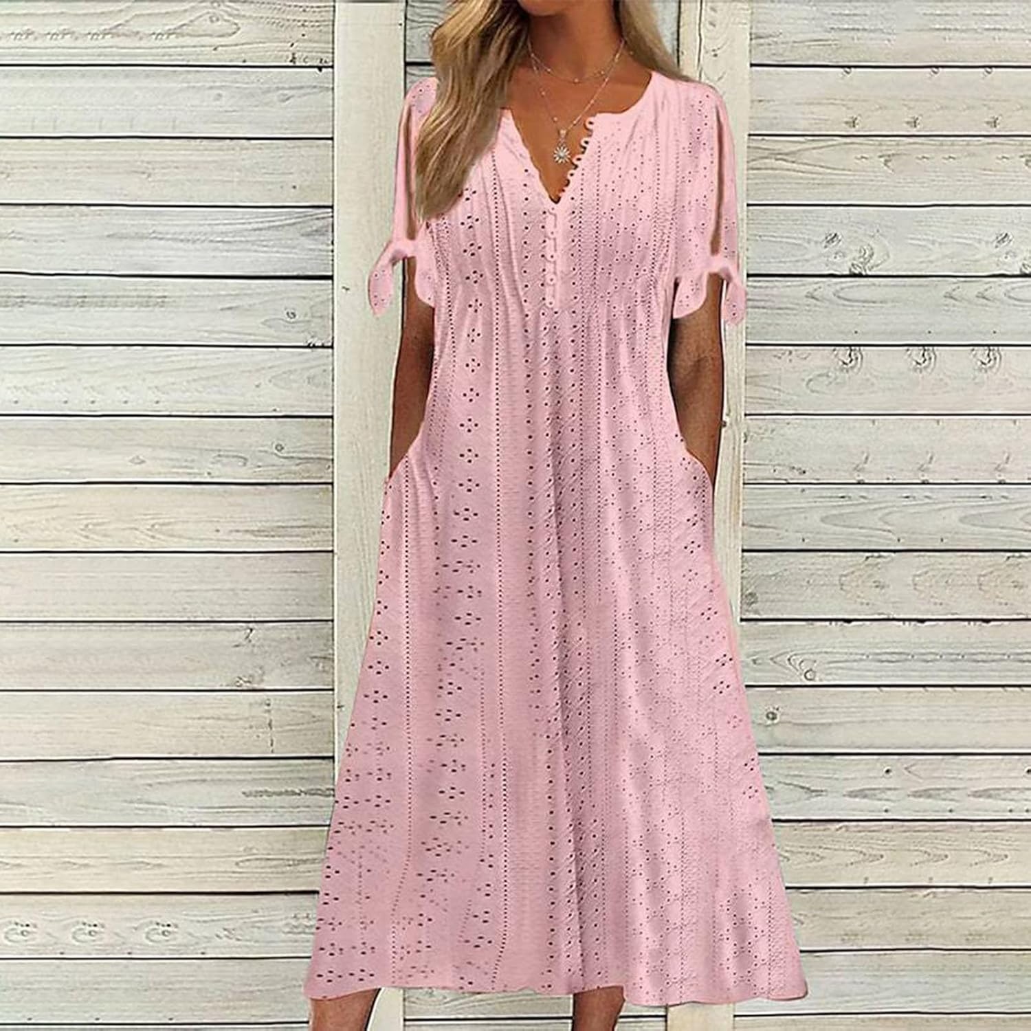 ZYXTIM Womens Eyelet Dress V Neck Short Sleeve Hollow Out Summer Beach Vacation Dresses Swing A Line Vintage Long Dresses