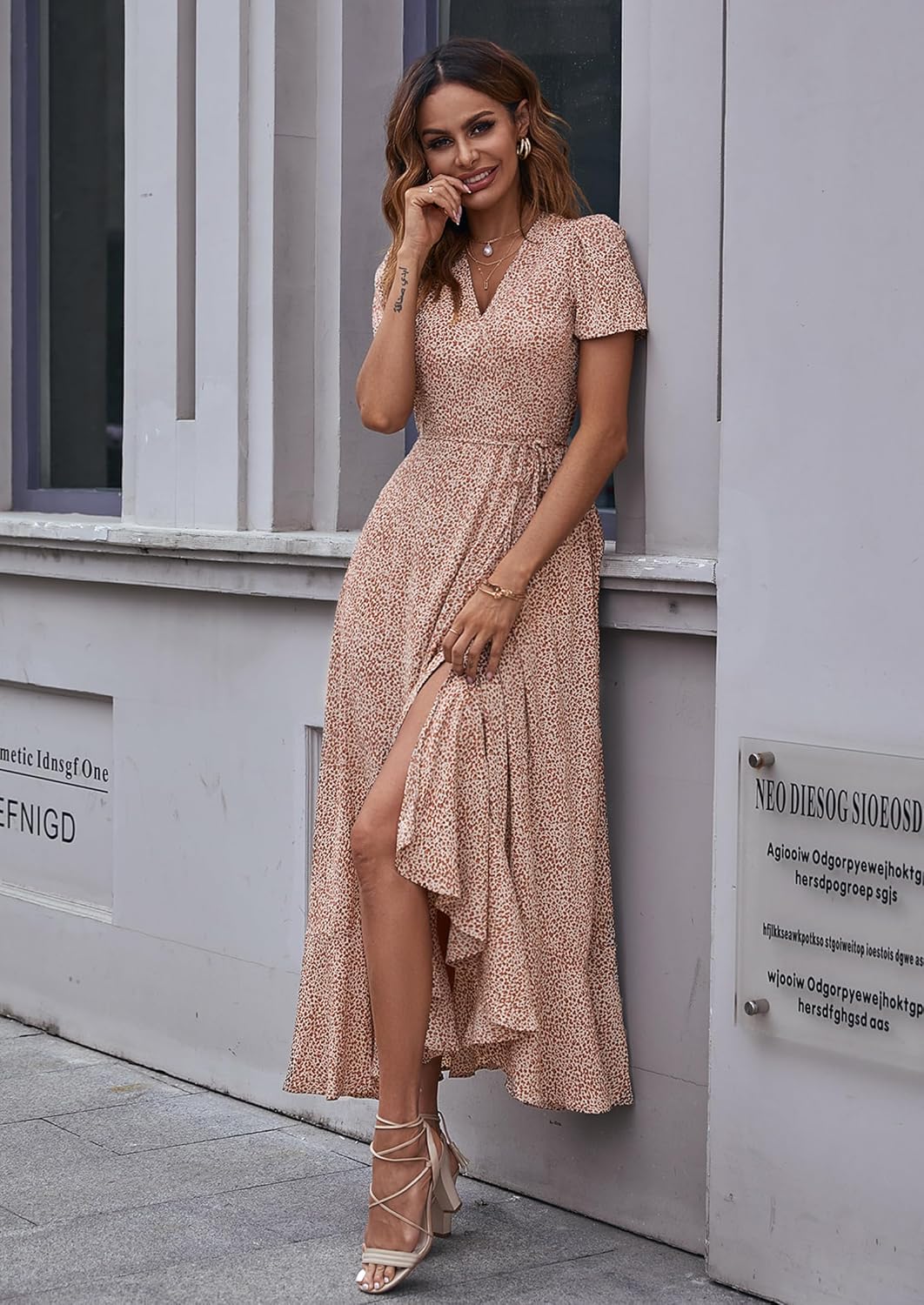 PRETTYGARDEN Women's Summer Wrap Maxi Dress Casual Short Sleeve Floral Boho V Neck Split Ruffle Beach Long Dresses