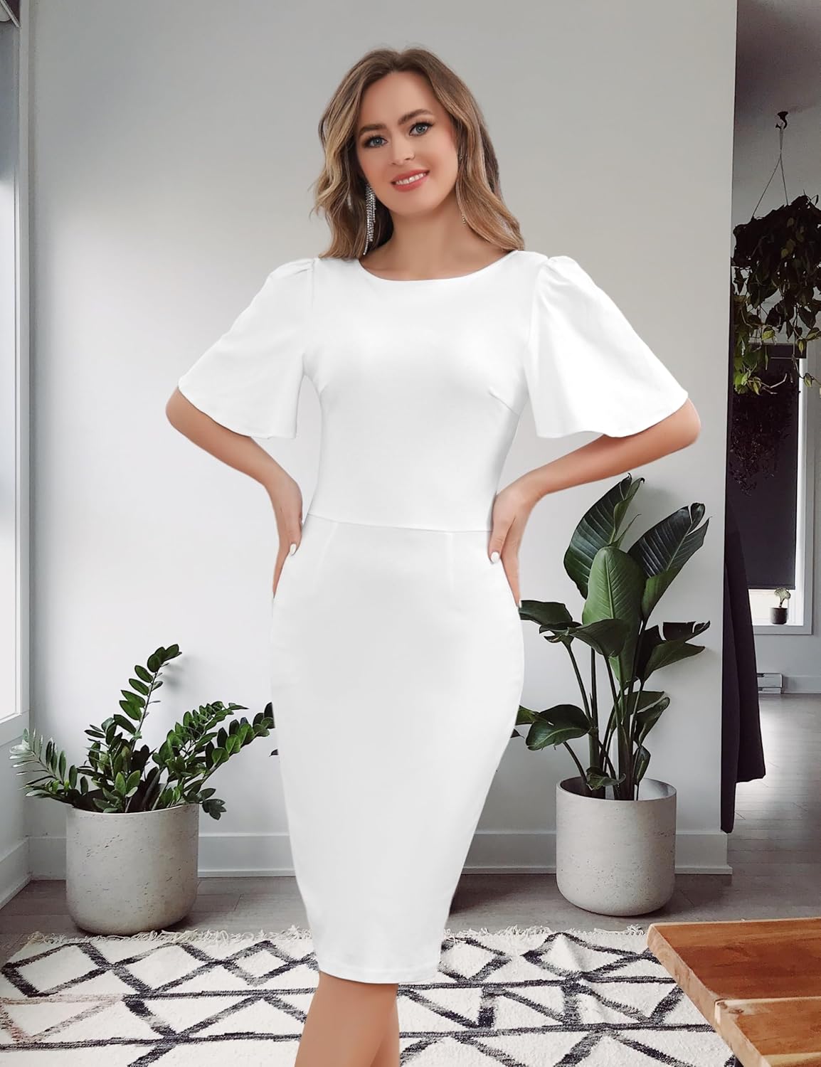 Aphratti Women's Short Sleeve Work Sheath Midi Dress Elegant Fitted Cocktail Party Church Funeral Outfit