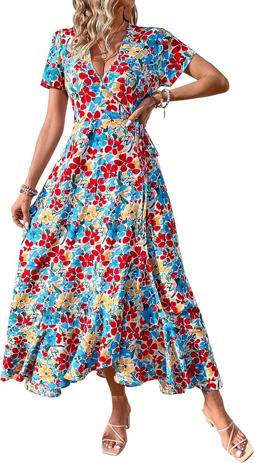 PRETTYGARDEN Women's Summer Wrap Maxi Dress Casual Short Sleeve Floral Boho V Neck Split Ruffle Beach Long Dresses
