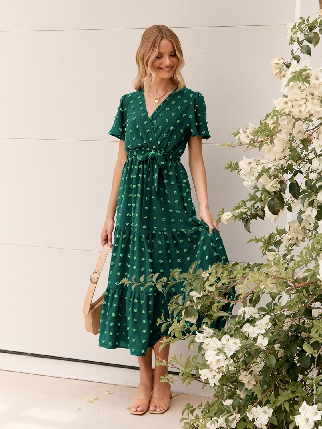 MASCOMODA Womens Boho Swiss Dot Maxi Dresses Wrap V Neck Flutter Short Sleeve Solid Tie Belt A Line Tiered Flowy Long Dress