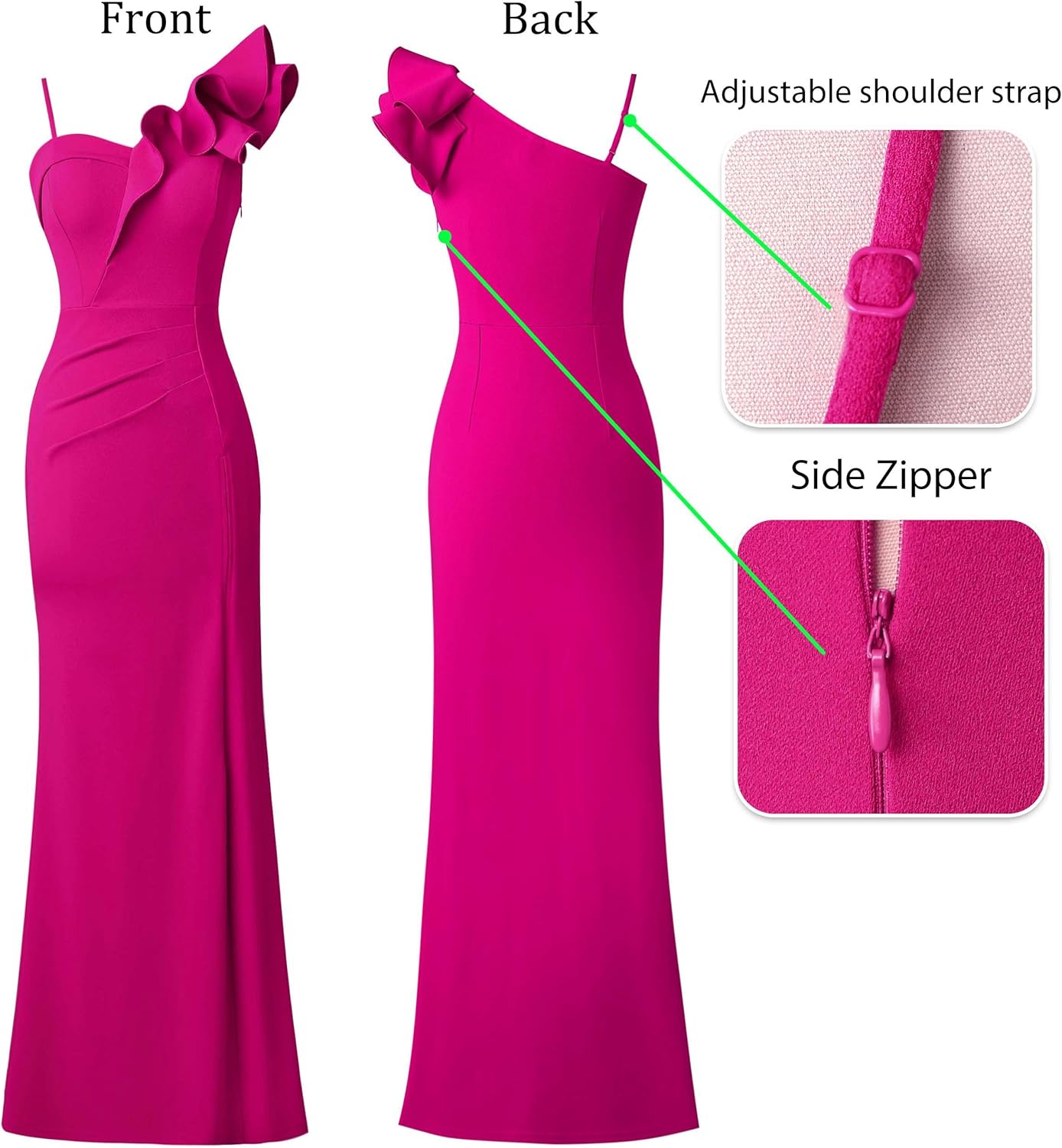 VFSHOW Womens Ruffle One Shoulder Strap Ruched Formal Prom Wedding Maxi Dress V Neck Elegant Split Cocktail Evening Long Gown