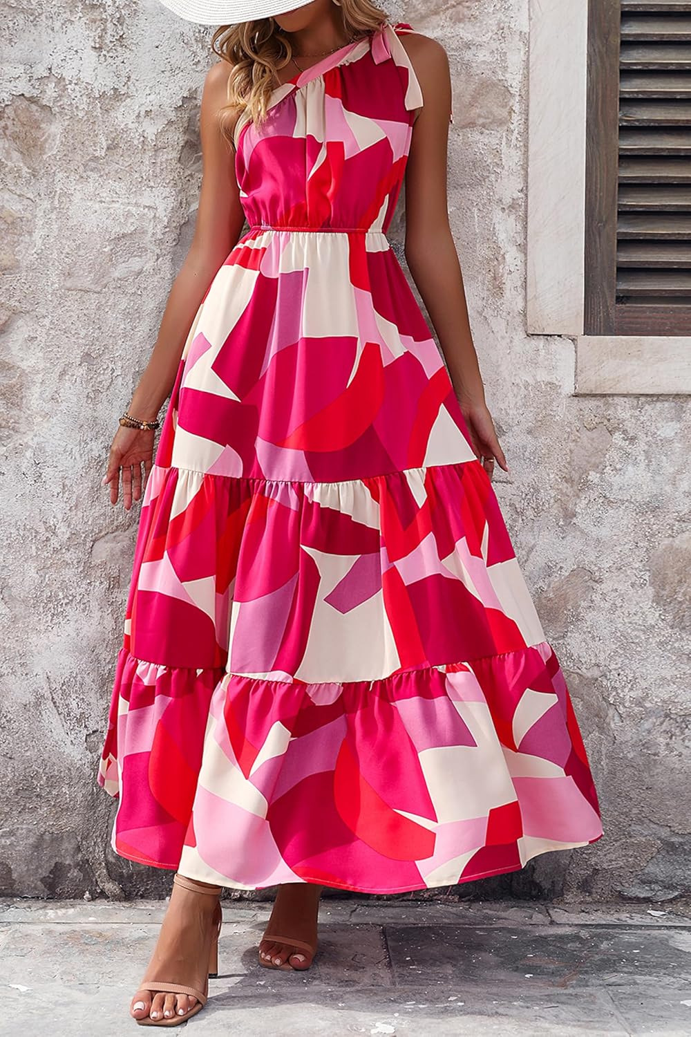 PRETTYGARDEN Women's Summer Floral Maxi Dress Knot One Shoulder Sleeveless Ruffle Flowy Boho Beach Wedding Guest Dresses