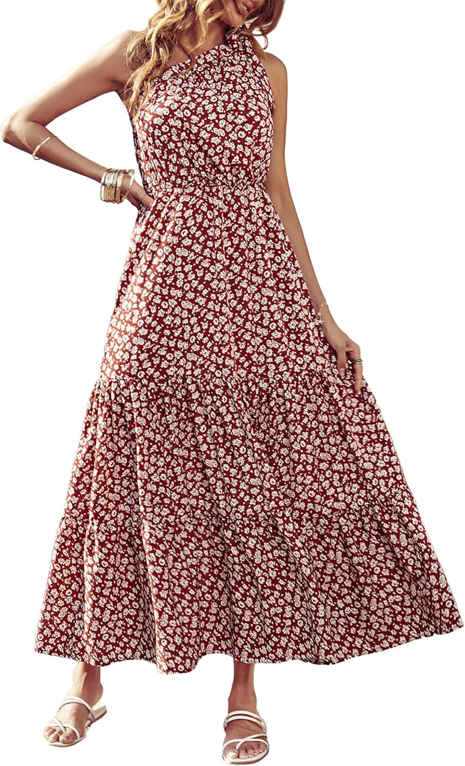 PRETTYGARDEN Women's Summer Floral Maxi Dress Knot One Shoulder Sleeveless Ruffle Flowy Boho Beach Wedding Guest Dresses