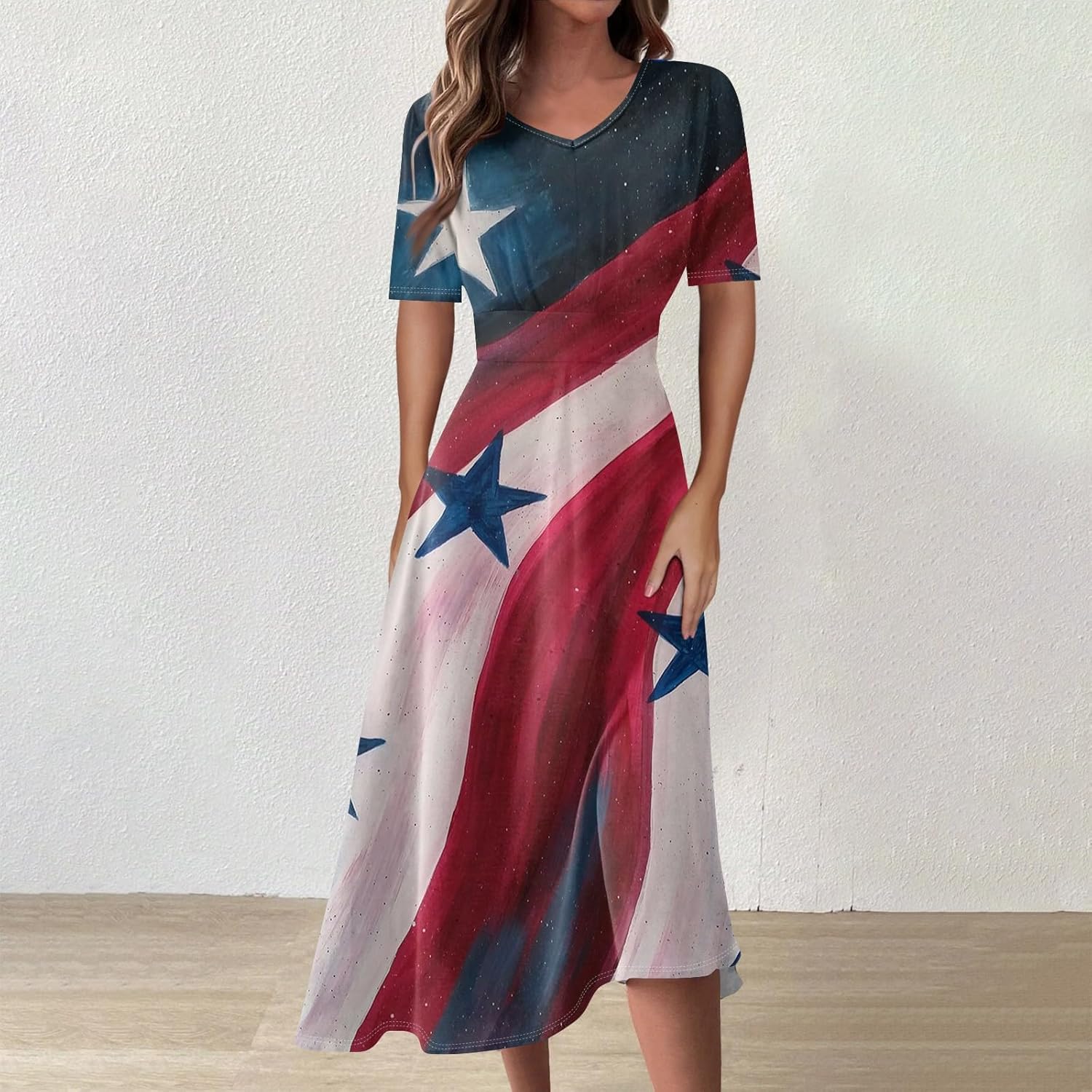 Women's Patriotic Star Print Midi Short Sleeve V-Neck Casual A-Line Dress for Summer Parties & Events