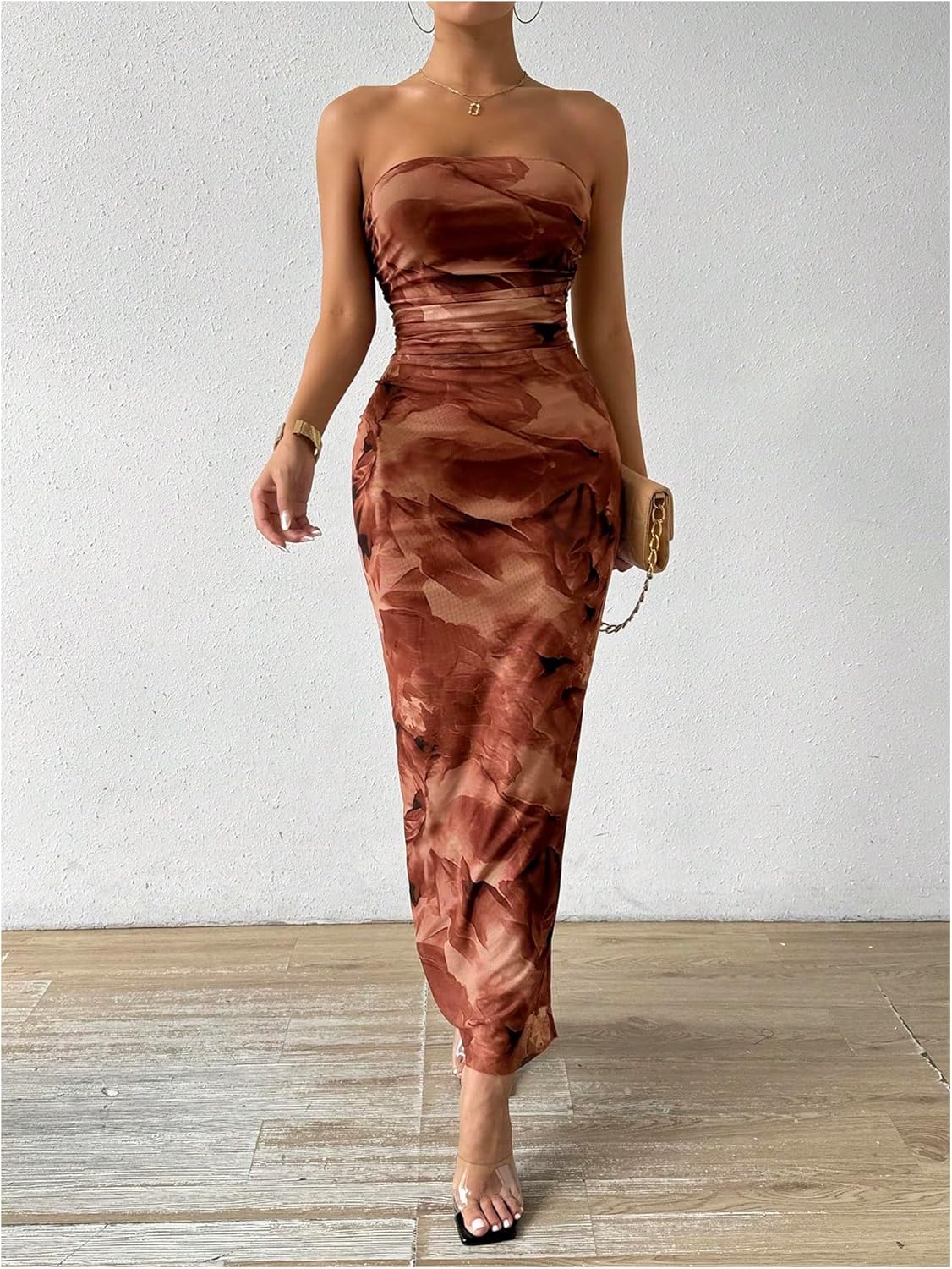 Milumia Women's Printed Strapless Tube Top Long Dress Slit Hem Sleeveless Bodycon Maxi Dresses