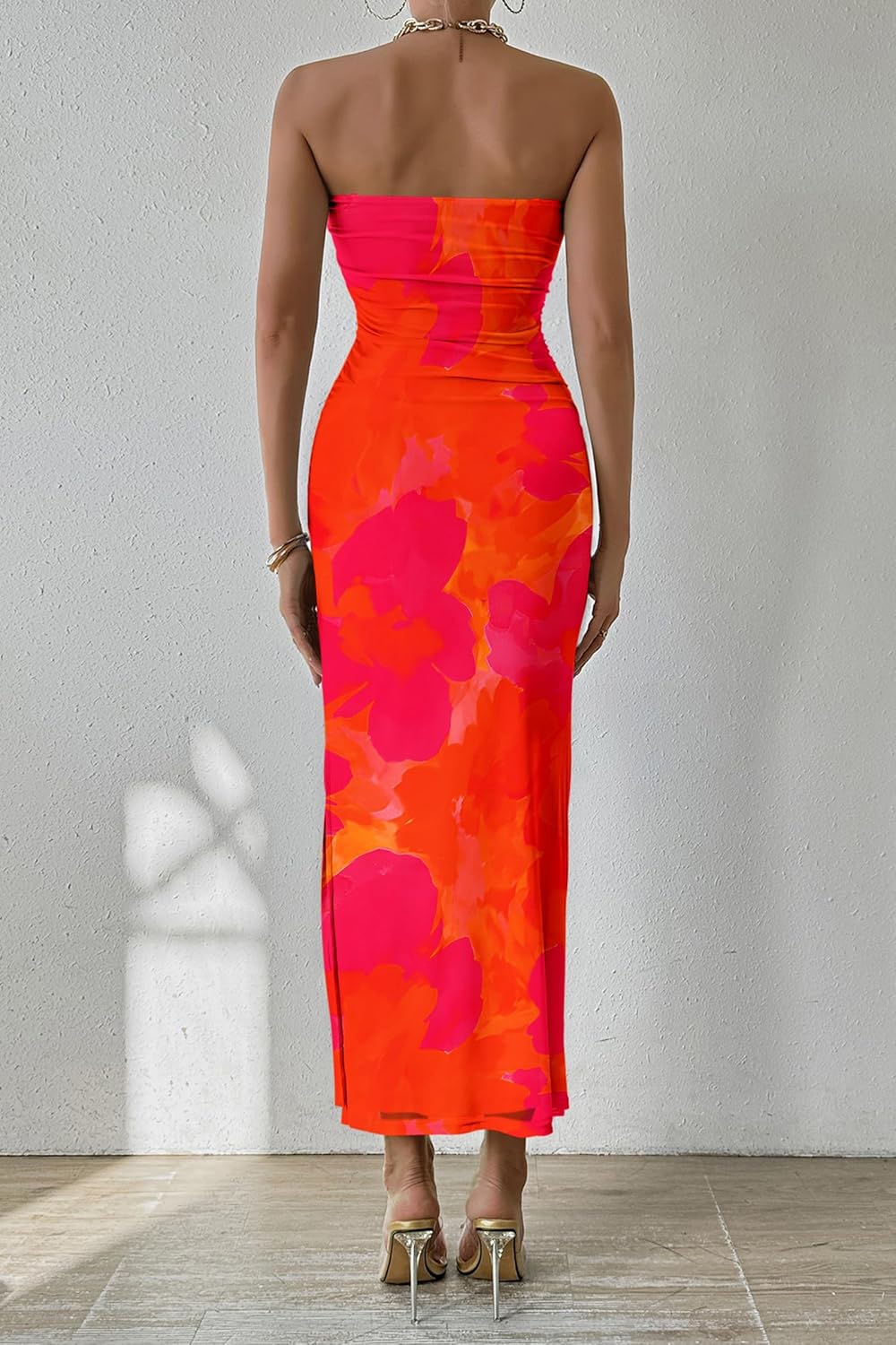 PRETTYGARDEN Women's Summer Maxi Bodycon Dresses Strapless Tube Top Printed Long Party Club Slit Dress