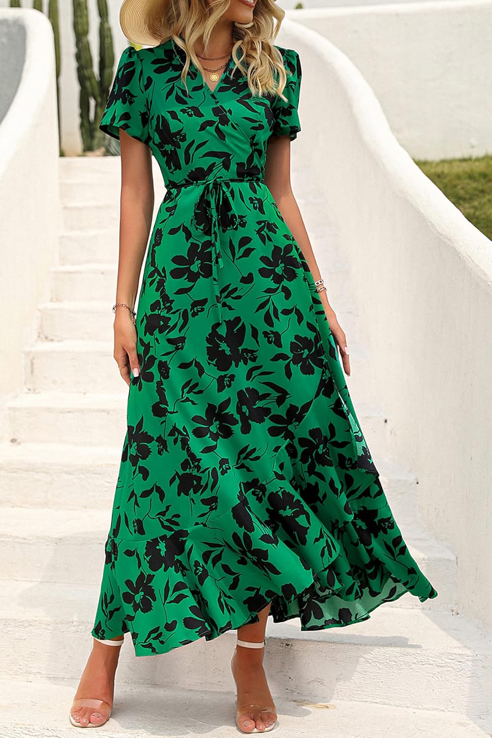 PRETTYGARDEN Women's Summer Wrap Maxi Dress Casual Short Sleeve Floral Boho V Neck Split Ruffle Beach Long Dresses