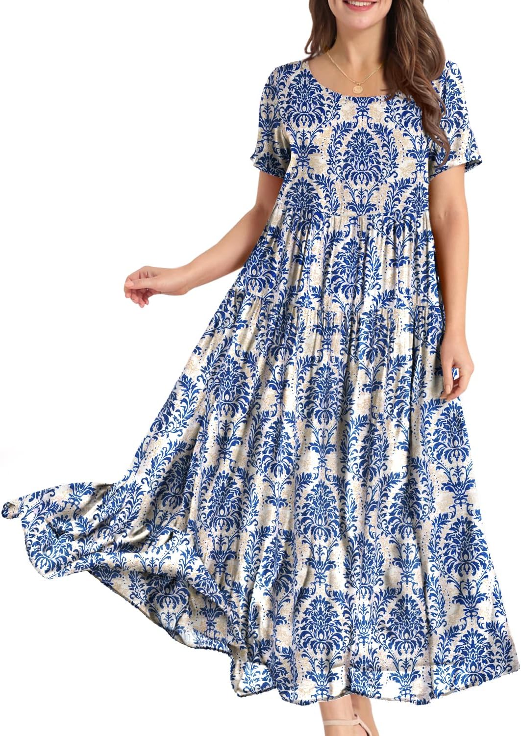 YESNO Women Casual Loose Bohemian Floral Dress with Pockets Short Sleeve Long Maxi Summer Beach Swing Dress EJF