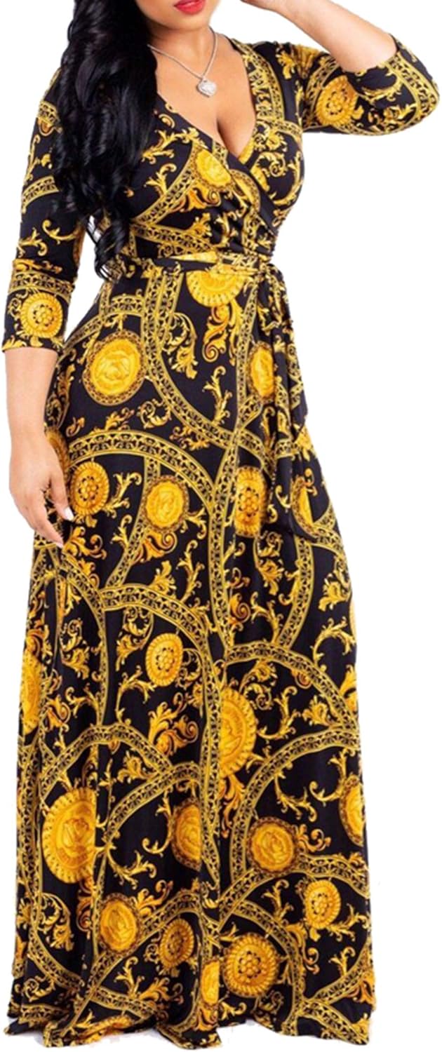 FANDEE Plus Size Maxi Dress for Women Casual Summer Sundress V-Neck 3/4 Sleeve