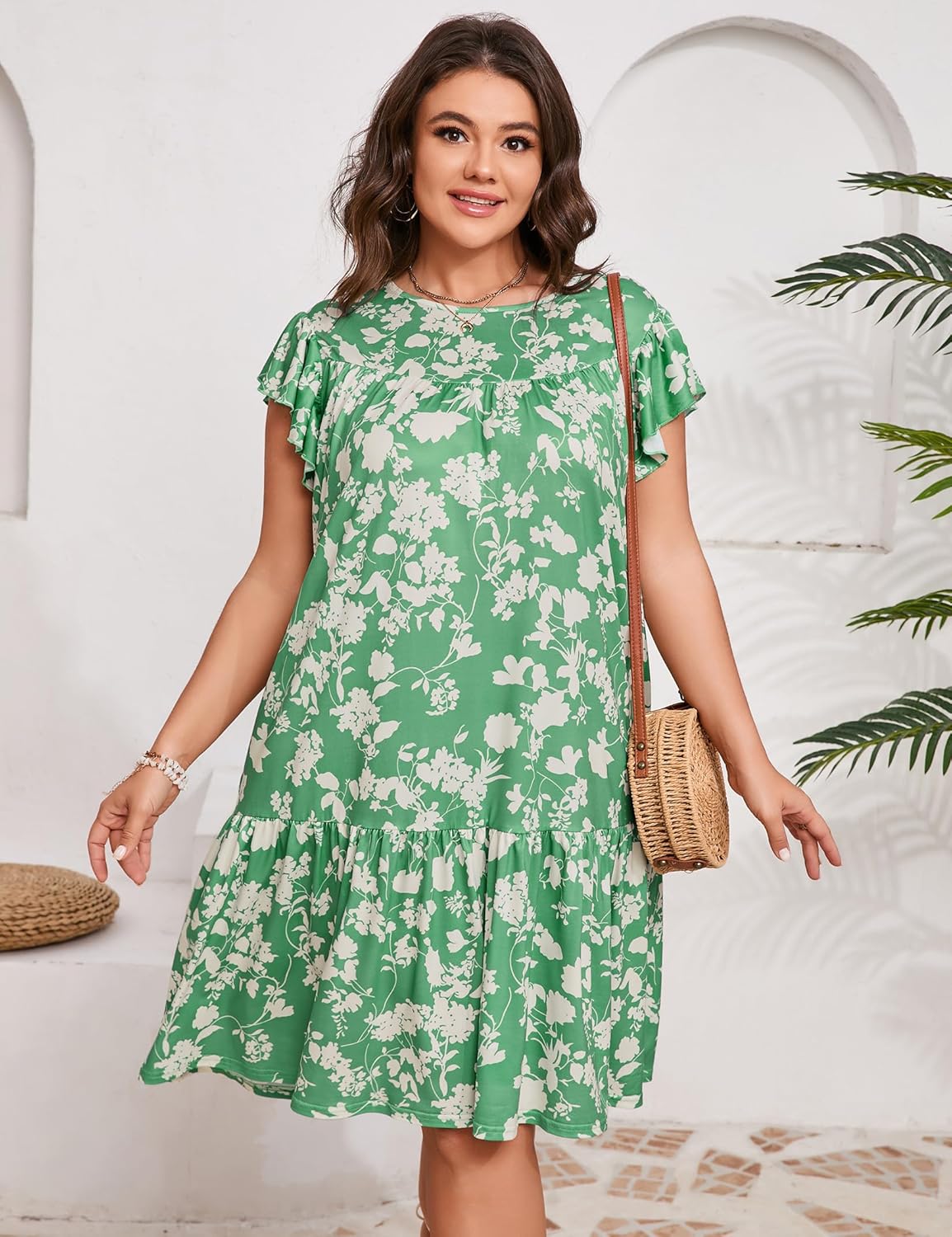 ShopWonder Womens Plus Size Dress Crew Neck Ruffle Sleeve Casual Swing Flowy Tiered Midi T Shirt Dresses with Pockets