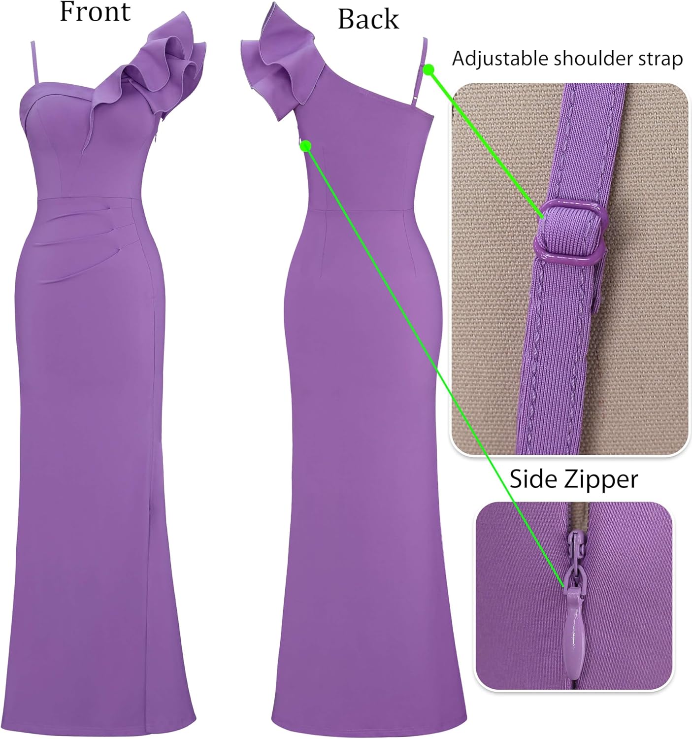 VFSHOW Womens Ruffle One Shoulder Strap Ruched Formal Prom Wedding Maxi Dress V Neck Elegant Split Cocktail Evening Long Gown