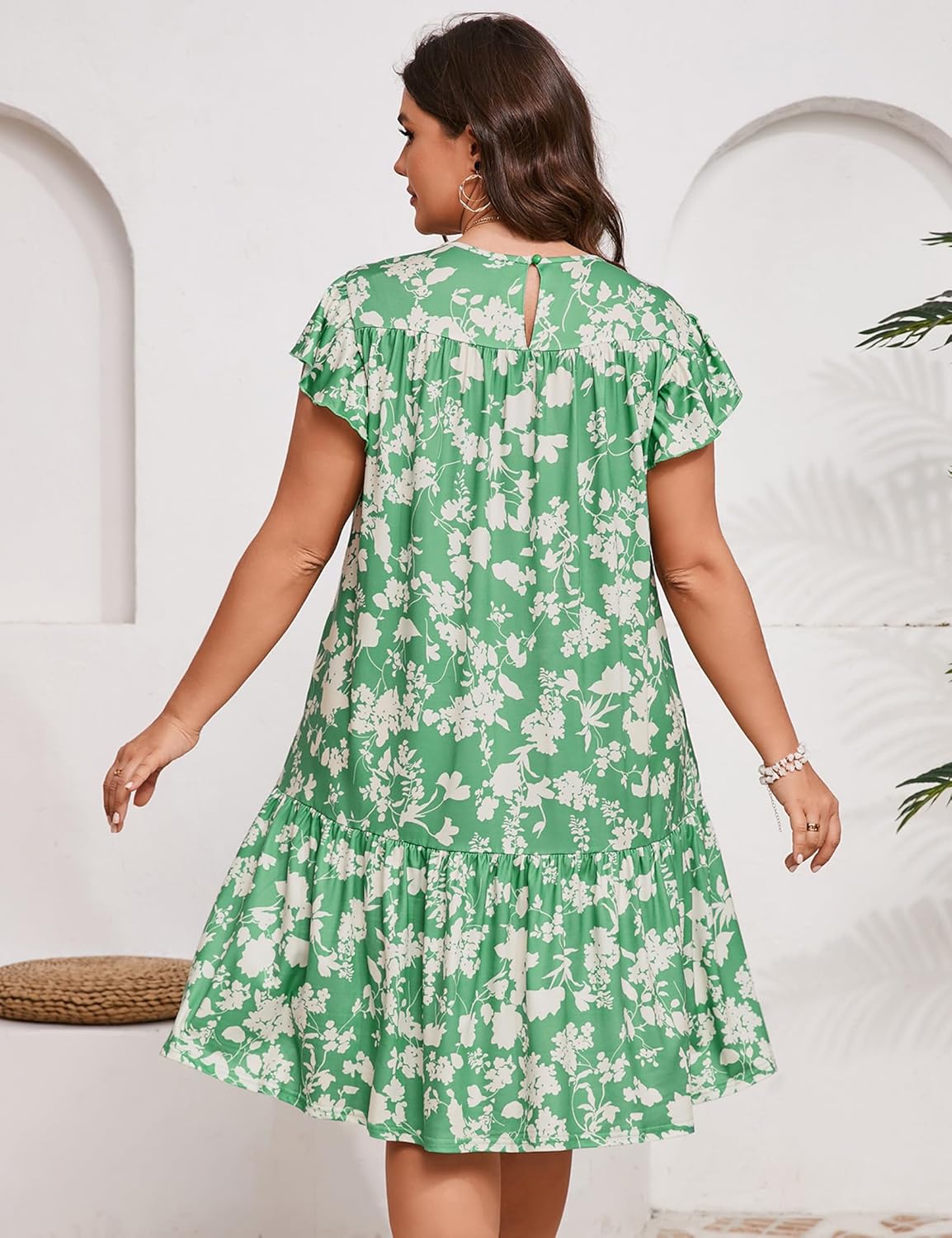 ShopWonder Womens Plus Size Dress Crew Neck Ruffle Sleeve Casual Swing Flowy Tiered Midi T Shirt Dresses with Pockets