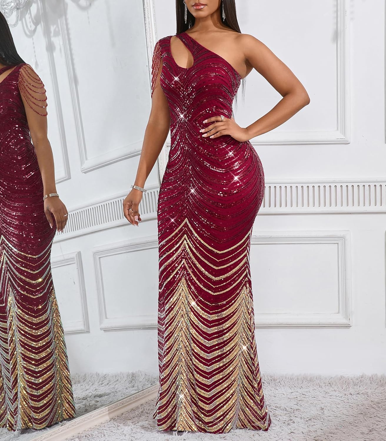 Cololura Women Sequin Elegant Sexy One Shoulder Tassel Mermaid Bodycon Cocktail Evening Dress