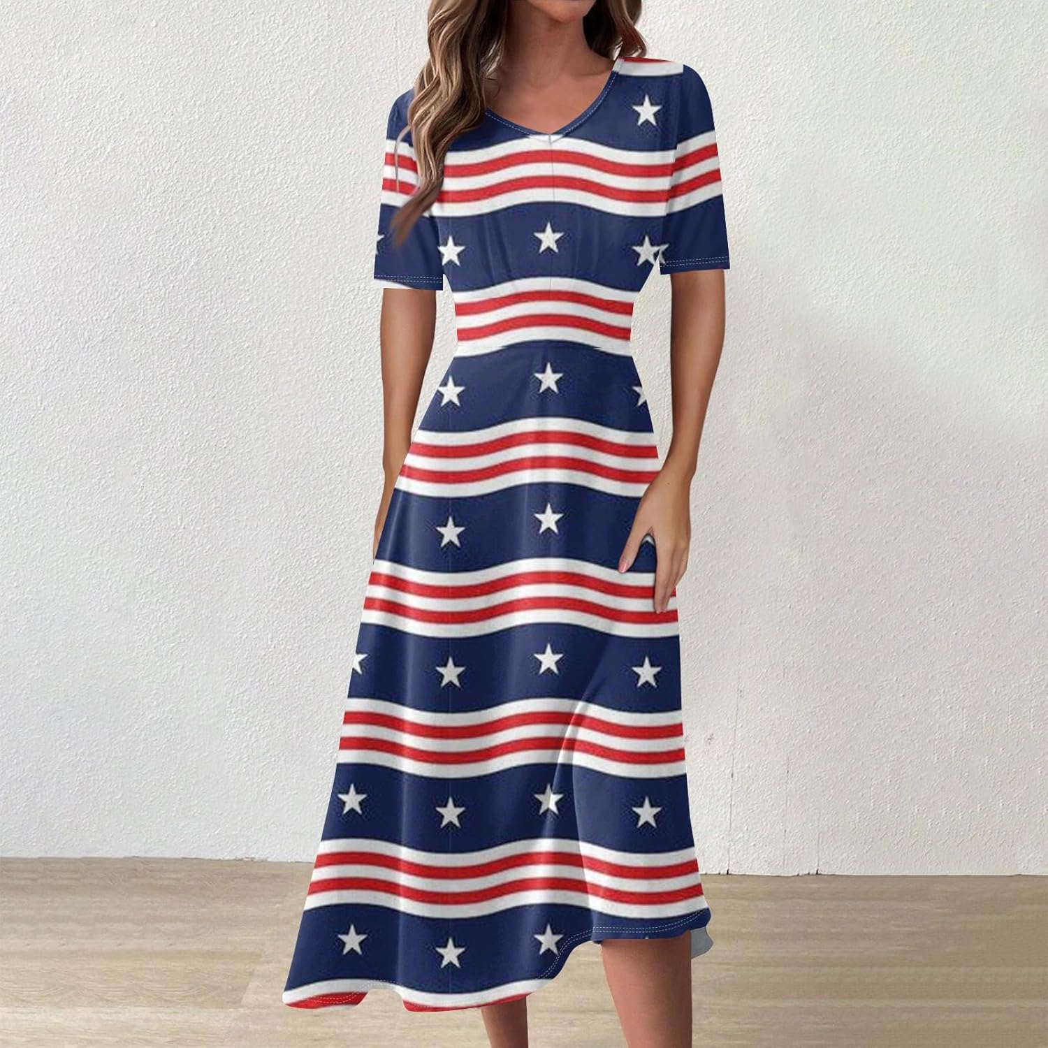 Women's Patriotic Star Print Midi Short Sleeve V-Neck Casual A-Line Dress for Summer Parties & Events
