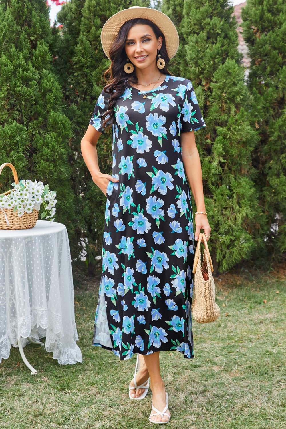 Naggoo Women's Short Sleeve Split Maxi Dress Casual Plain Tie Dye Print Tshirt Long Dresses with Pockets