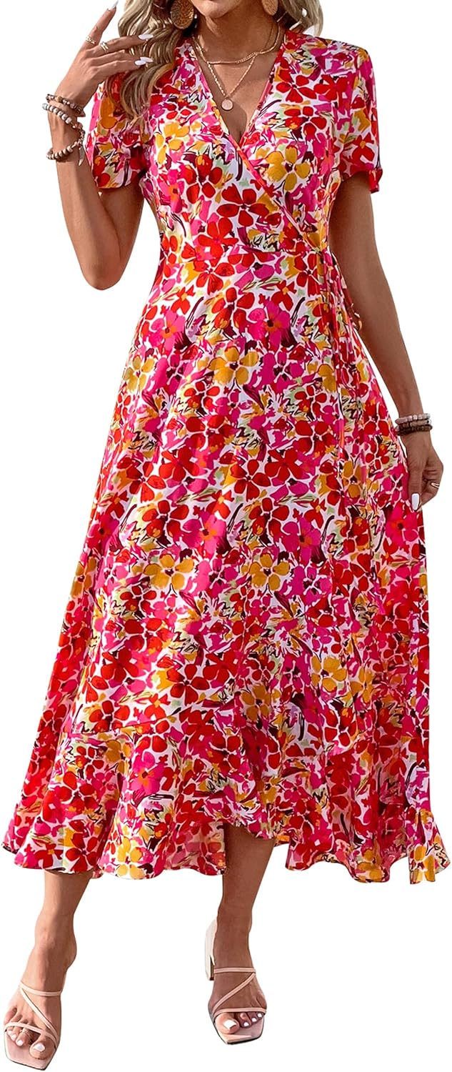 PRETTYGARDEN Women's Summer Wrap Maxi Dress Casual Short Sleeve Floral Boho V Neck Split Ruffle Beach Long Dresses