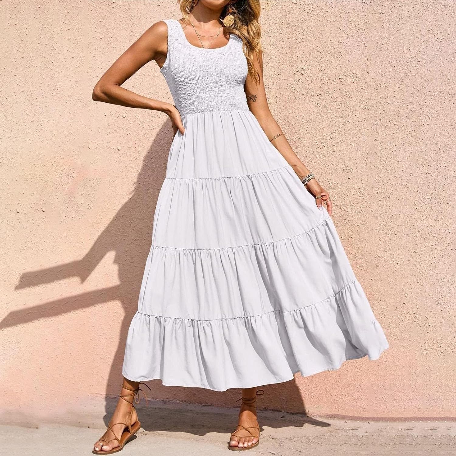 Women Summer Sleeveless Dressees Boho Maxi Dress Casual Smocked Square Neck Sundress a Line Beach Wedding Dresses