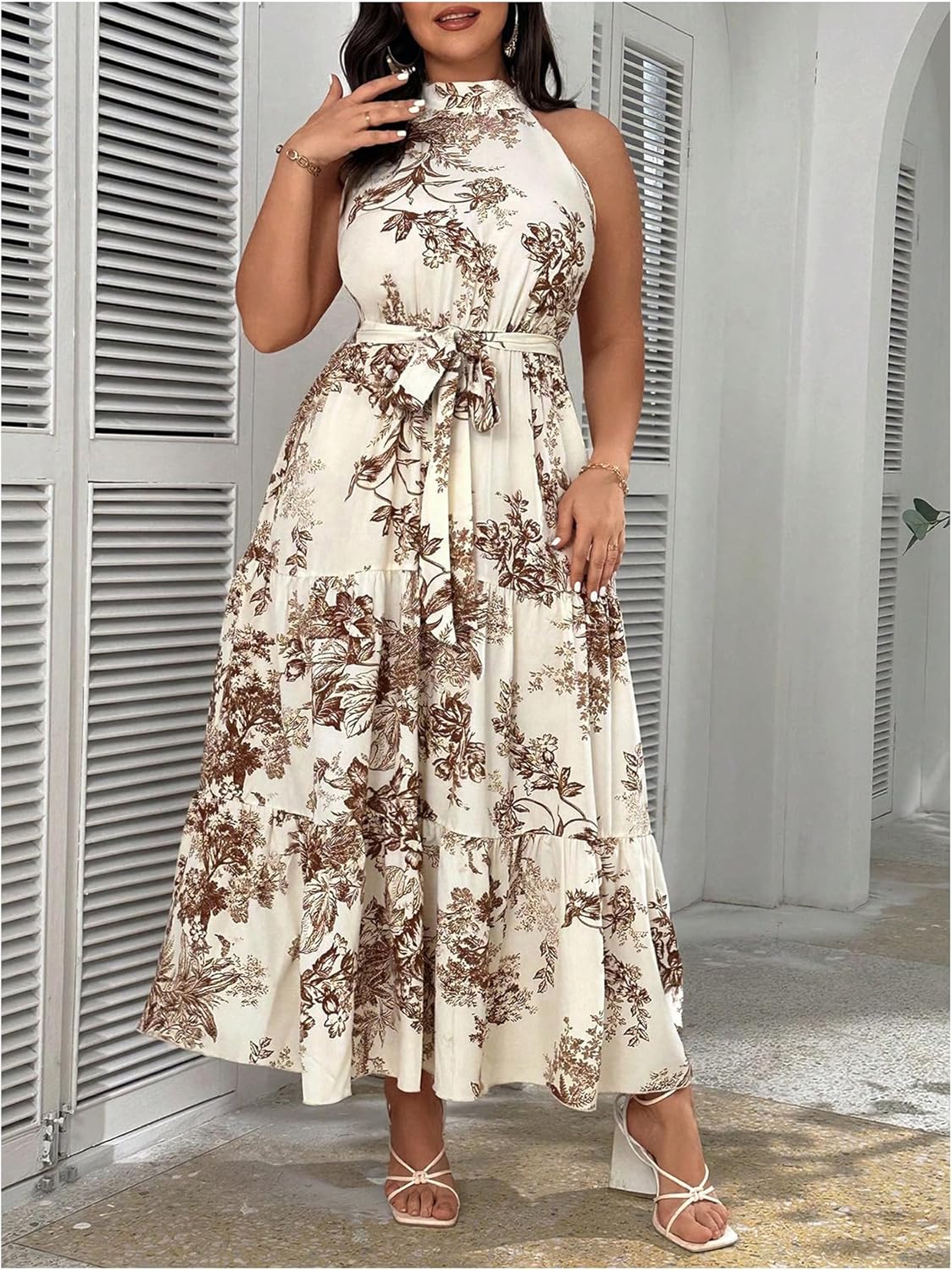 Floerns Women's Plus Size Boho Sleeveless Halter Neck Tie Back A Line Long Dress
