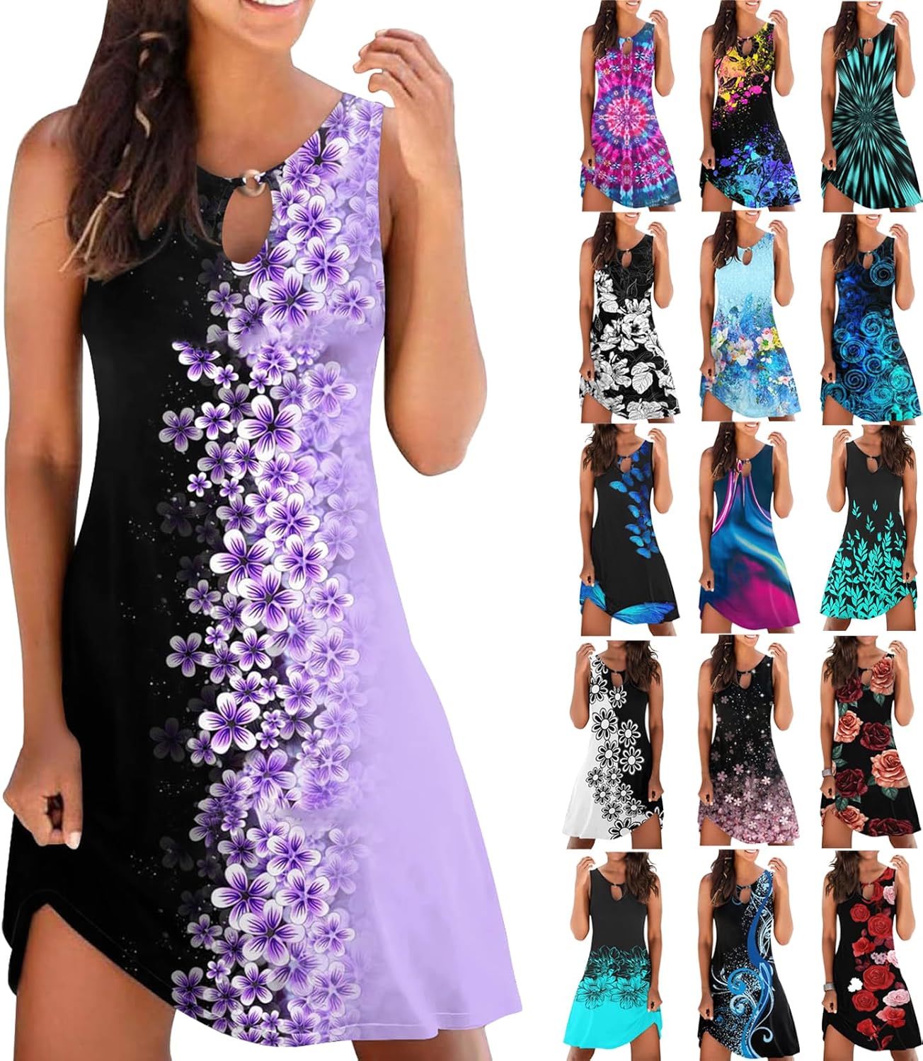 Summer Dresses for Women 2024 Casual Sleeveless Tank Dress Vintage Floral Print a-Line Beach Sundresses