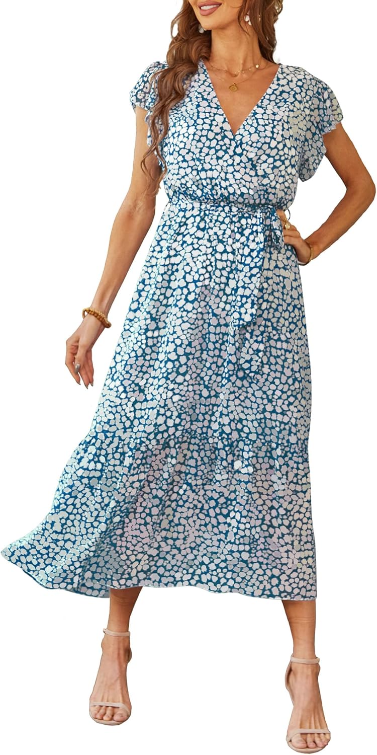 PRETTYGARDEN Women's Summer Floral Boho Dress Wrap V Neck Short Sleeve Ruffle A-Line Flowy Maxi Wedding Guest Dresses
