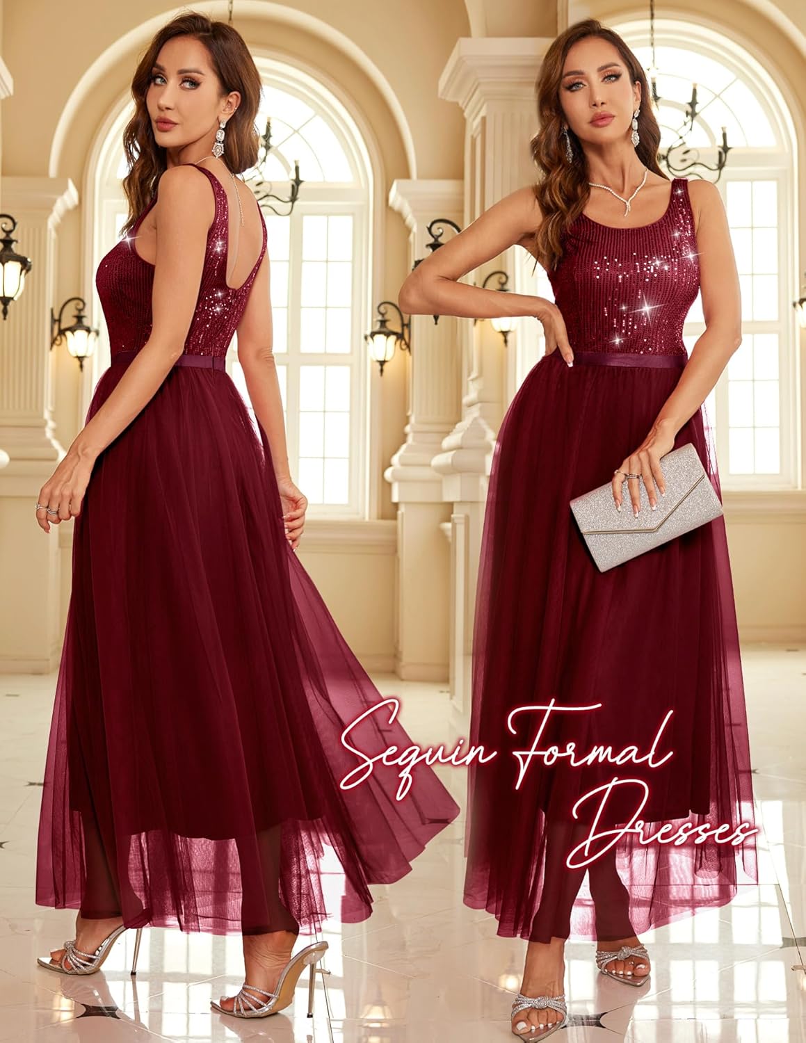 BeryLove Sequin Dress for Woman Vintage A Line Wedding Formal Swing Mesh Dress Sleeveless Cocktail Maxi Gowns