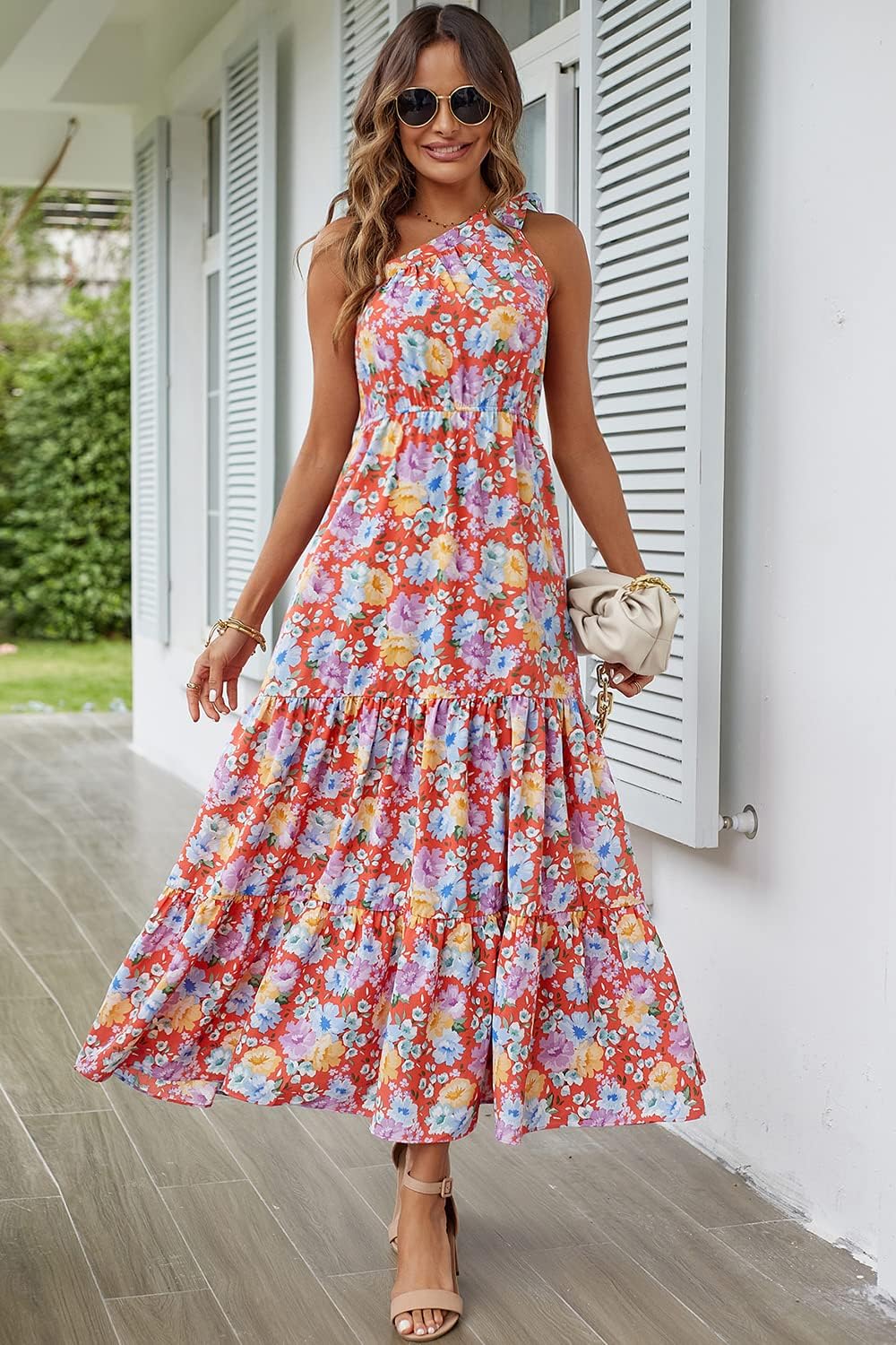 PRETTYGARDEN Women's Summer Floral Maxi Dress Knot One Shoulder Sleeveless Ruffle Flowy Boho Beach Wedding Guest Dresses