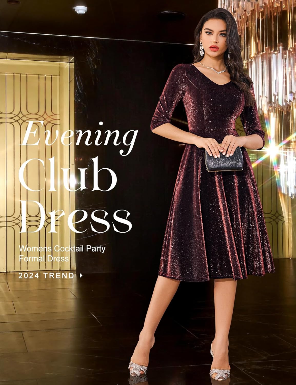 Dressystar Womens Long-Sleeve Wedding Guest Dress A-Line Lace Formal Party Cocktail Midi Dress Prom Gown